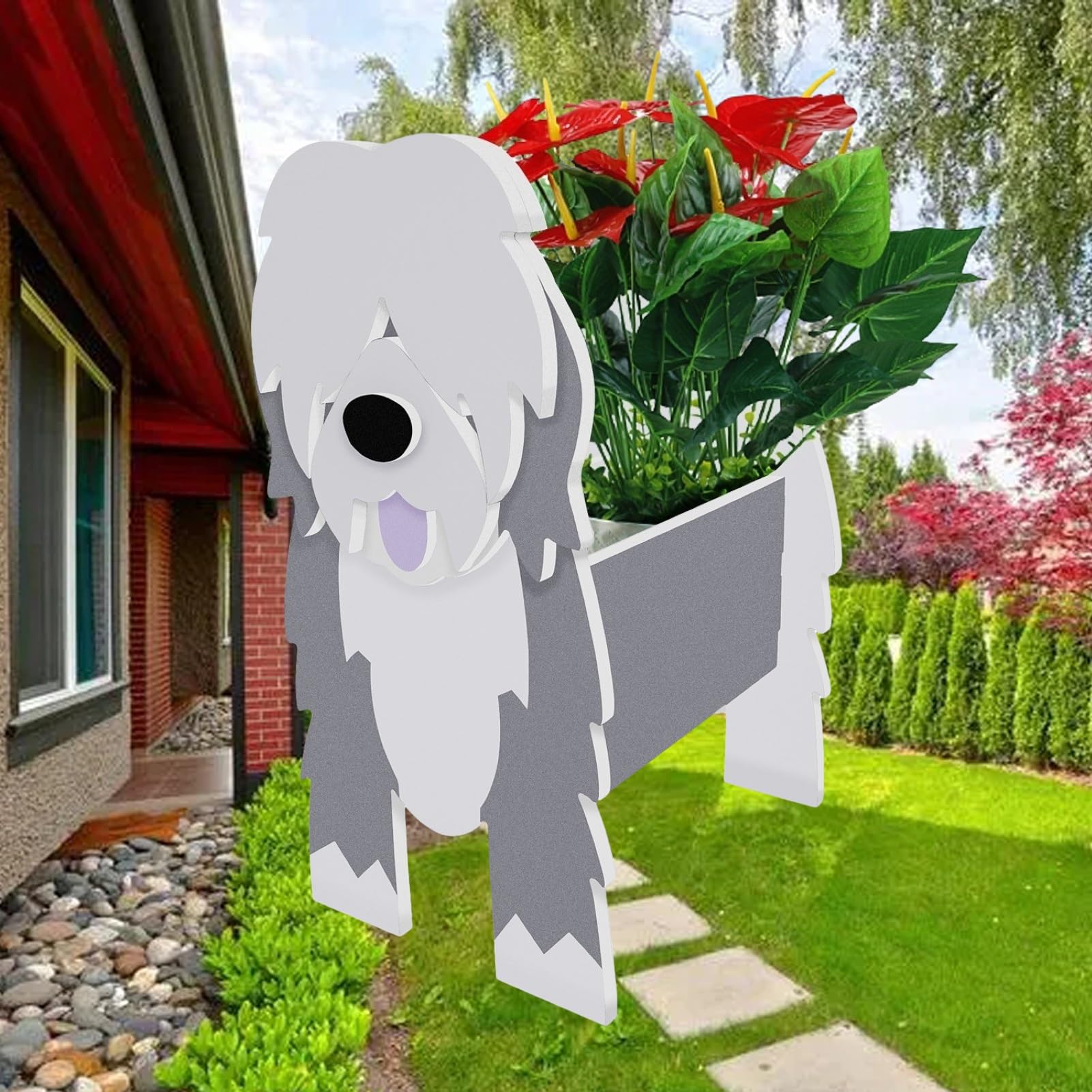 Sweet Lovely Dog Planter Old English Sheepdog Decor Pots Old English Sheepdog Cartoon Shaped Flower Pot PVC Planter For Indoor Office Outdoor Home Garden Decoration Gift ( Color : Old English Sheepdog
