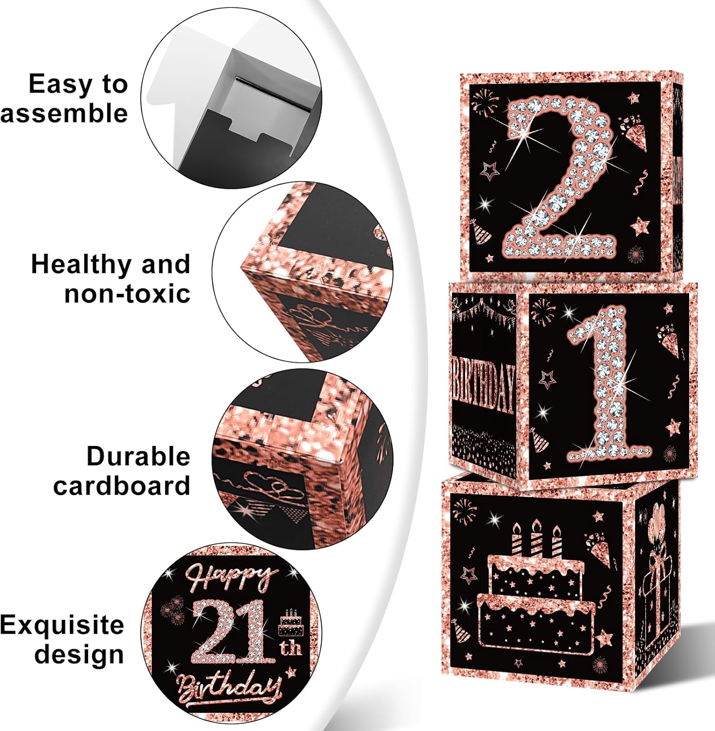 Eiurteao 3pcs 21st Birthday Decorations Boxes for Girls, Rose Gold Happy 21 Birthday Balloons Boxes Party Supplies, Twenty-one Bday Theme Cardboard Box Decor - Image 4