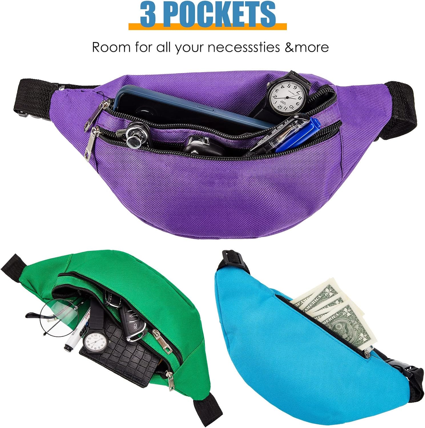 14 Pieces Fanny Pack Bulk 80s 90s Waist Bag for Women Adjustable Belt Exercise Waist Bag Running Pack 2 Zippers for Women Men Travel Running Phone Sports - Image 4