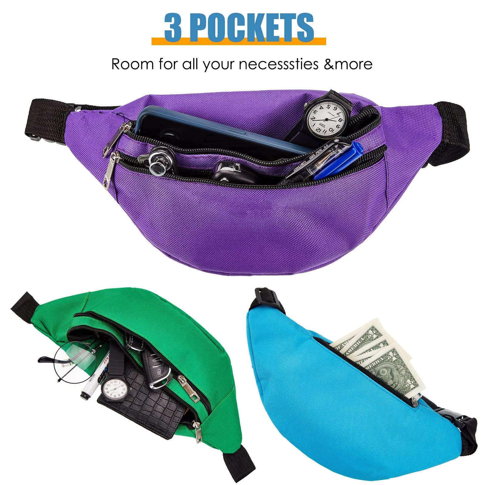 Lot de 14 grands sacs banane de sport légers réglables avec ceinture réglable et 2 fermetures éclair pour homme et femme, voyage, course à pied, téléphone, sport, Comme sur les photos.