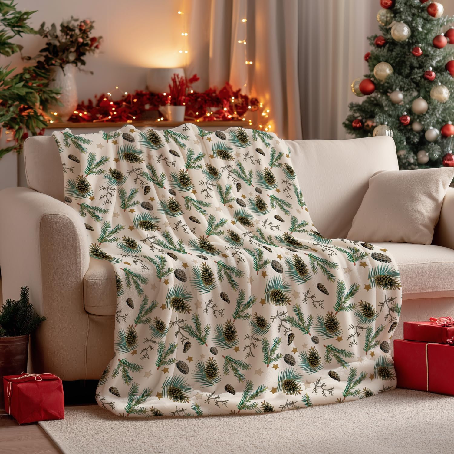 horaldaily christmas flannel blanket throw, holly pine cone soft fuzzy plush cozy fleece blankets for couch sofa bed lounging, ideal gifts for kids adults wife self, 60x80 white twin(60x80”)