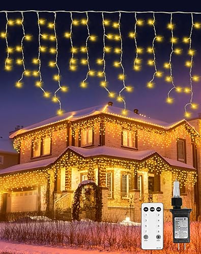 Miniatura 8 de Luces de carámbano para Navidad al aire libre, 520 LED, 49 pies, luz blanca cálida, 80 carámbanos, 2700K, con control remoto/8 modos/temporizador,