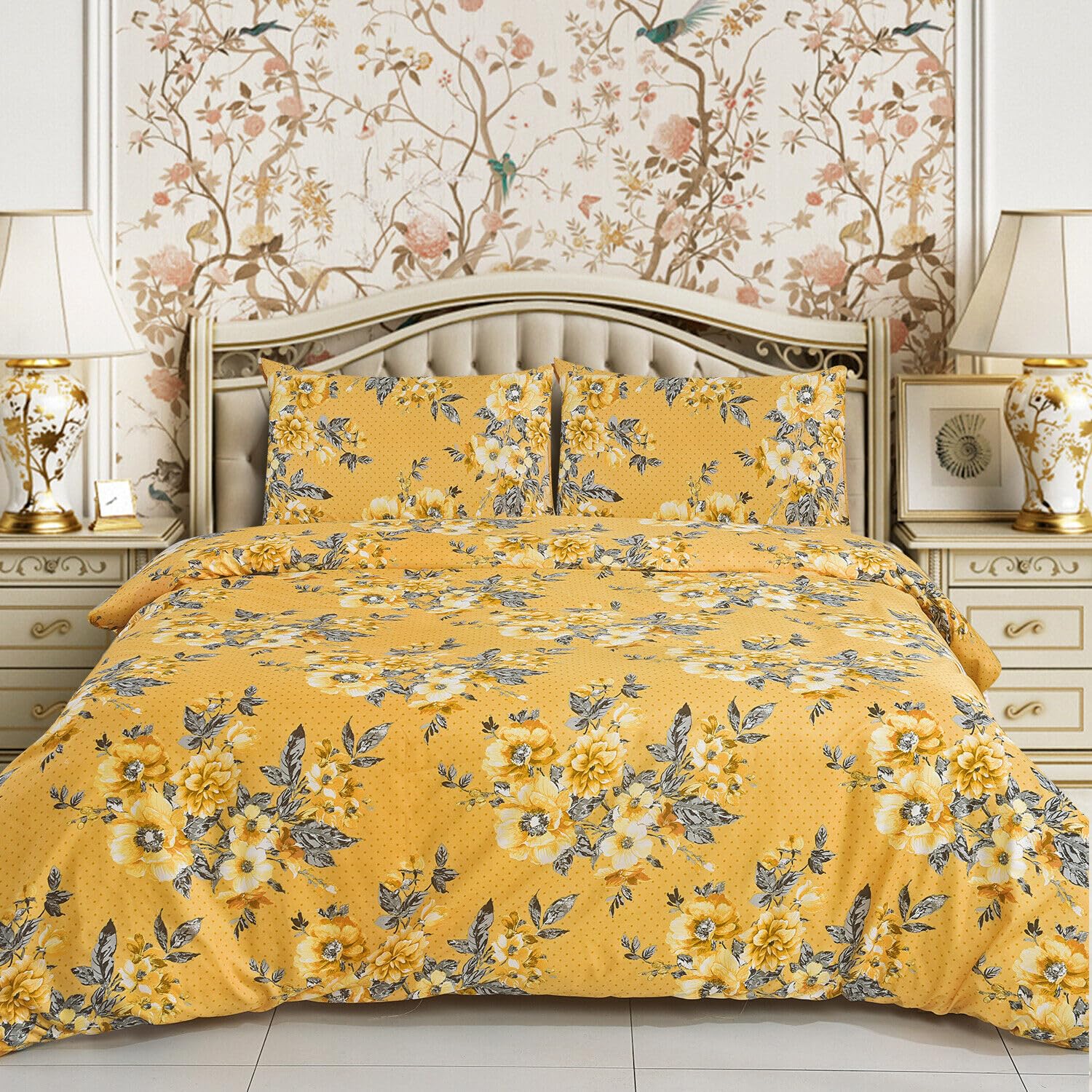 CHARKHAH 4 Piece Reversible Printed Bedding Set Includes 1 Duvet Cover, 1 Deep Fitted Sheet & 2 Pillowcases – Soft Microfibre Easy Care Quilt Cover Set for All Seasons (Delight Yellow, Single) — image 1