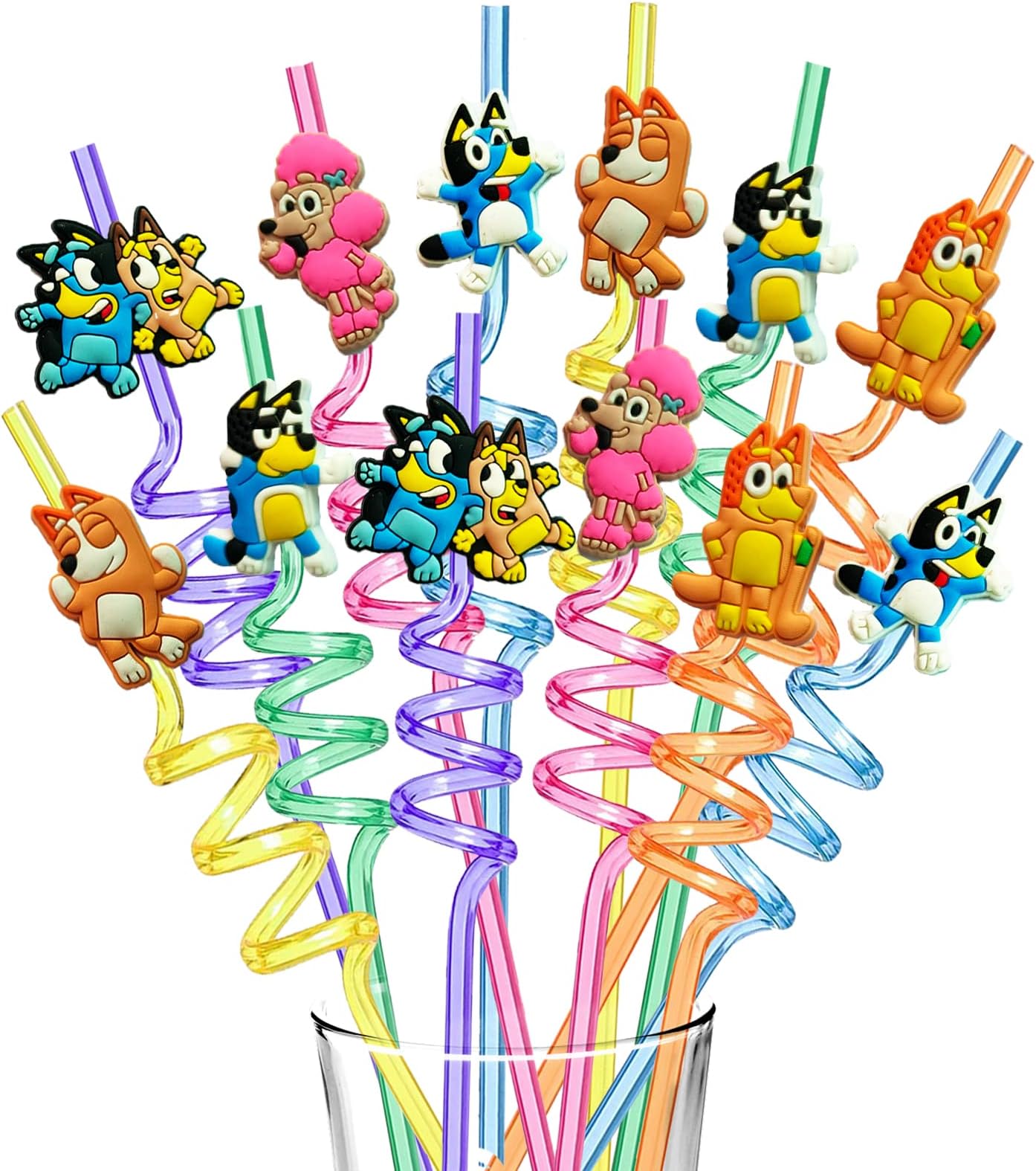 24 Blue Dog Birthday Party Supplies Straws with 2 PCS Straw Cleaning Brushes for Blue Dog Themed Birthday Party Supplies 6 Styles,6 Colors