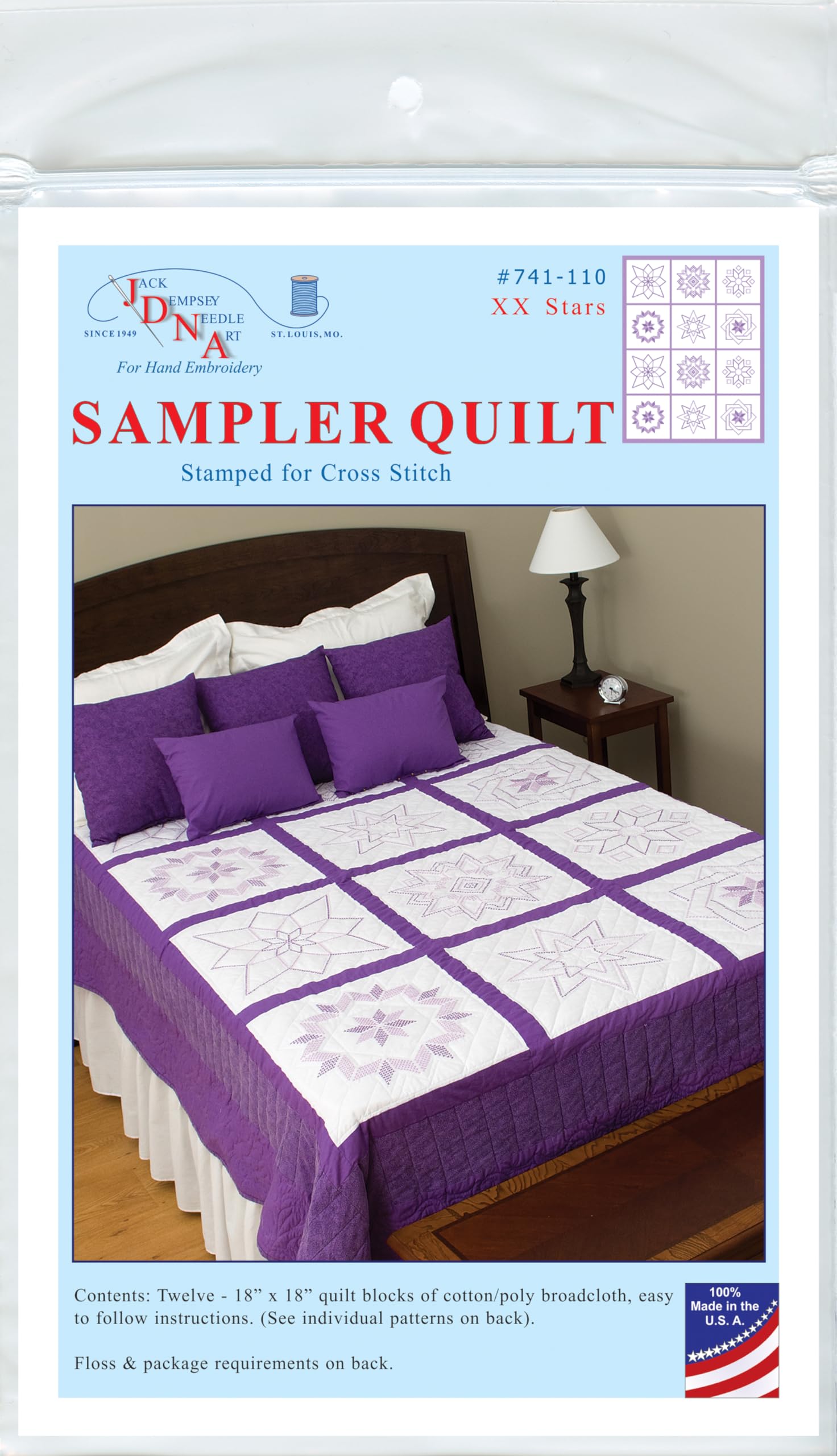 Jack Dempsey XX Star Sampler Quilt, 50/50 Cotton/Poly, White, by The Yard