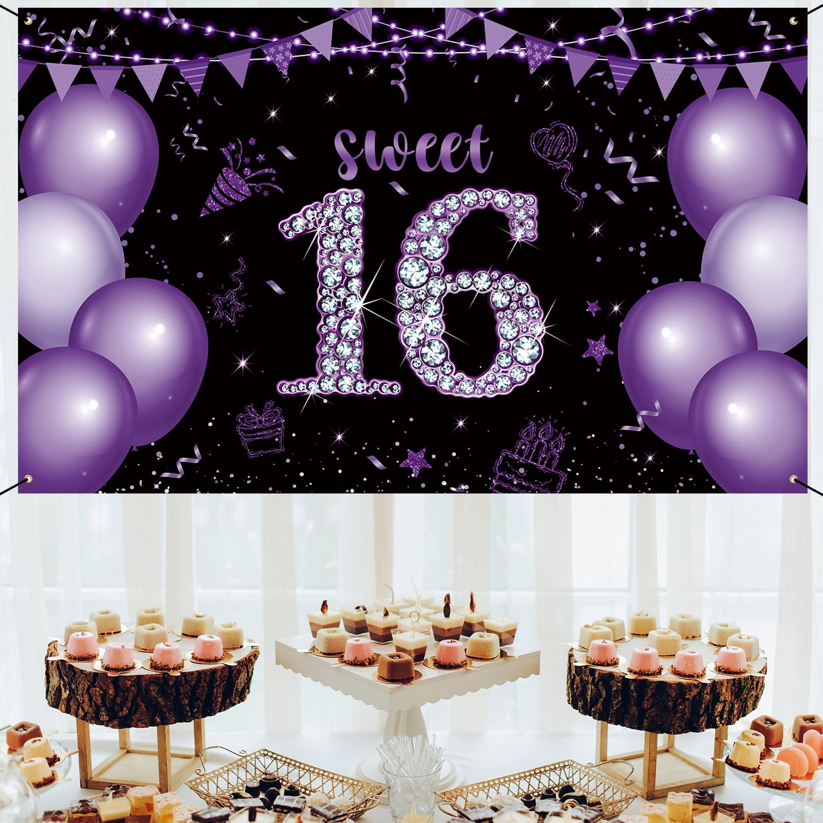 Festone Glitterato Happy Sweet 16 Per Compleanno Ragazza | Oro Rosa, Lettere 17 Cm, Nastri 3m, Decorazione Festa Compleanno 16 Anni - 3