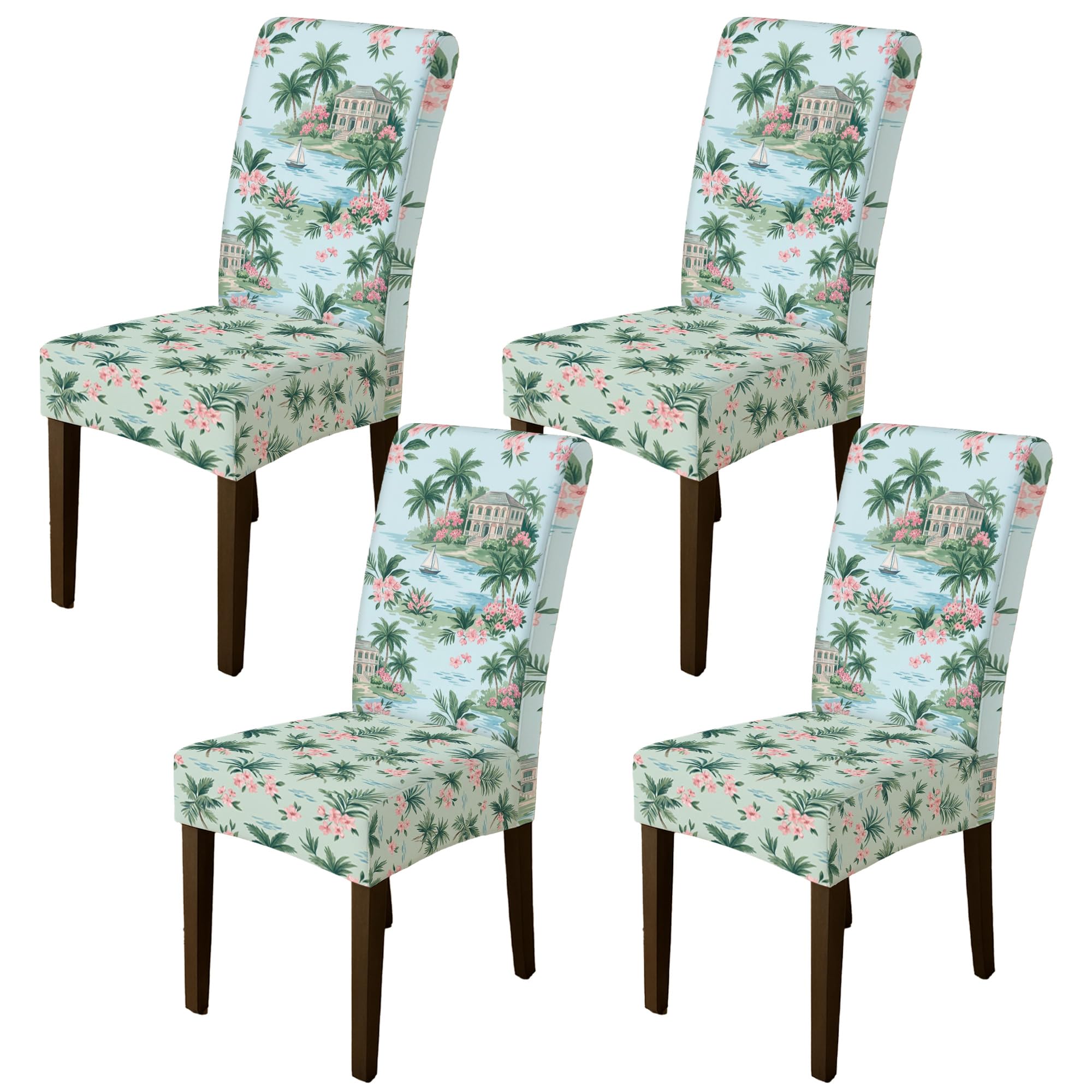 Housses de chaises tropicales lavables | Lot de 4 protections extensibles en élasthanne doux