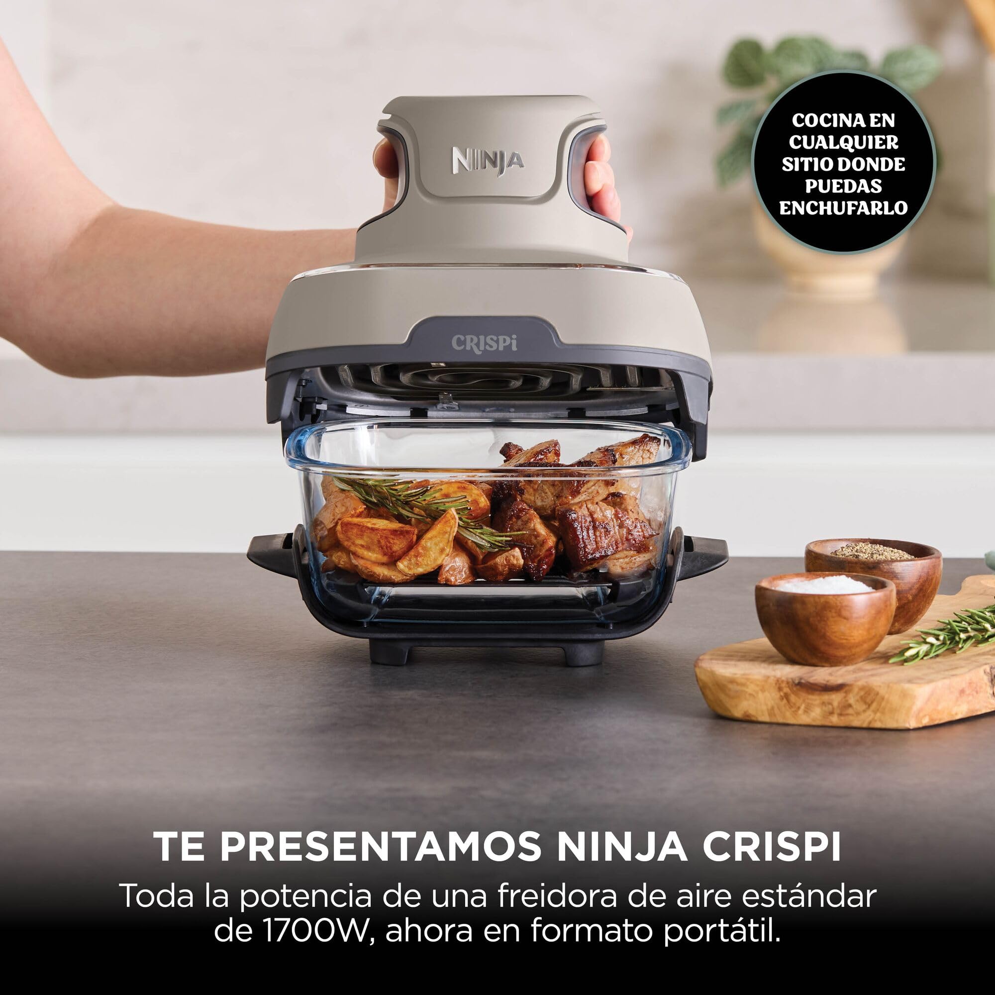 Ninja CRISPi Freidora de Aire portátil, 3,8 l, 4 en 1, freír con Aire, Asar, Mantener Caliente y gratinar, compacta, Incluye 2 recipientes de Vidrio extraíbles y Tapas, 1700 W, Piedra, FN101EUST