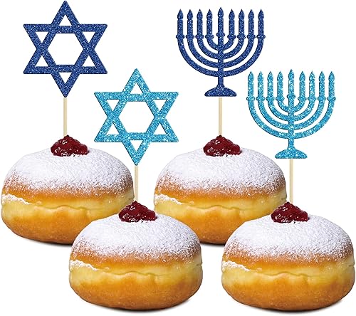 Gyufise 24 decoraciones para cupcakes de Feliz Hanukkah Star of David, decoraciones para fiestas de Hanukkah, suministros de fiesta temática de