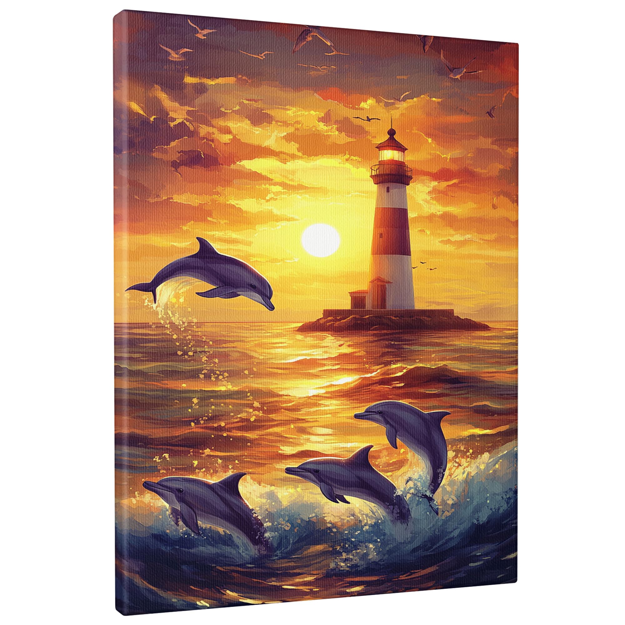 Sunset Dolphin Canvas Wall Art, Orange Yellow Ocean Artwork, Nautical Home Aesthetic Decor For Living Room, Bedroom, Bathroom, Unframed 16x20 Inch