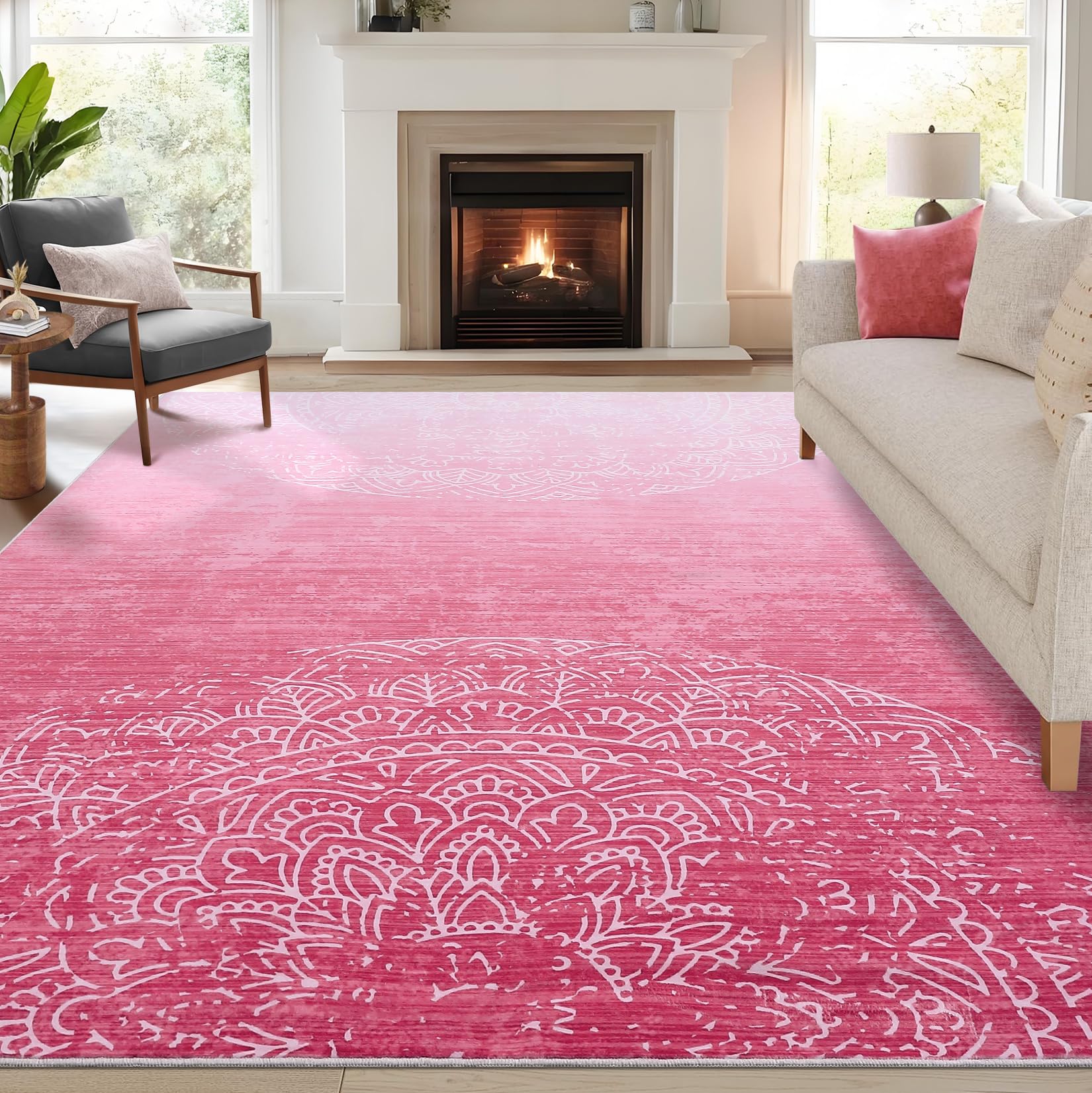 GarveeHome 8x10 Rug Washable Pink Rug Solid Ombre Stain-Resistant Non-Slip Soft Nursery Carpet for Bedroom Living Room Modern Medallion Carpet for