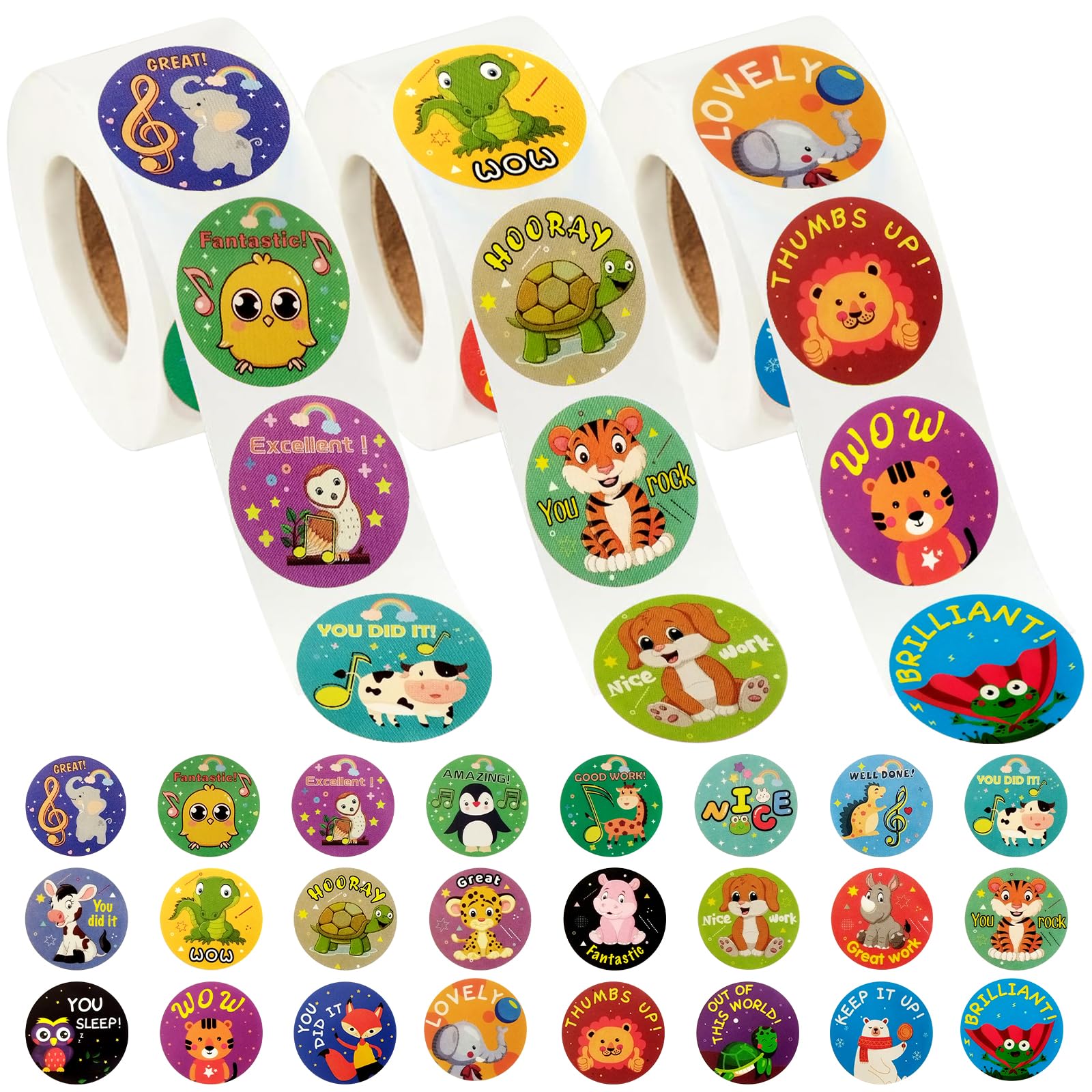 1500Pcs Reward Stickers for Kids, 3 Rolls 24 Designs Diameter 1inch Animal Styles Teacher Motivational Stickers School Supplies
