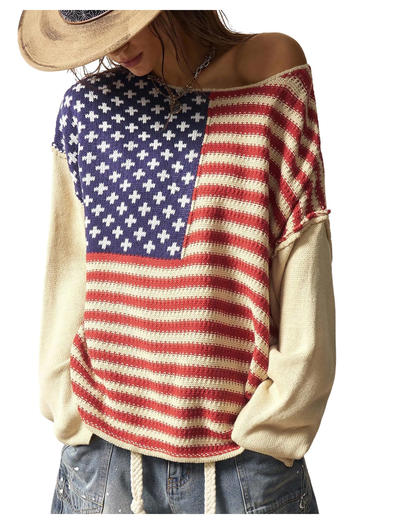 SweatyRocks Womens Casual Flag Pattern Long Sleeve Sweater Round Neck Drop Shoulder Loose Pullover Sweater