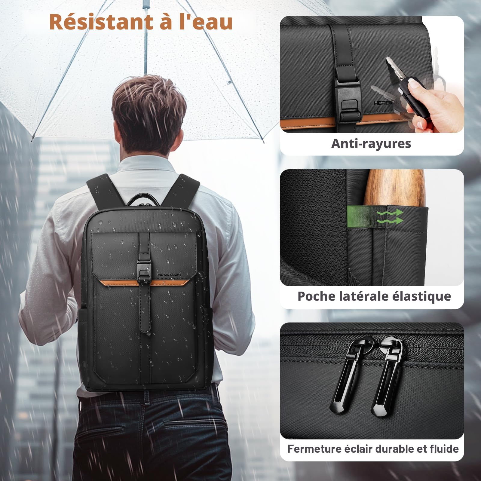 Sac à Dos Ordinateur Portable 15,6 pouces Imperméable Léger Homme Femme Noir