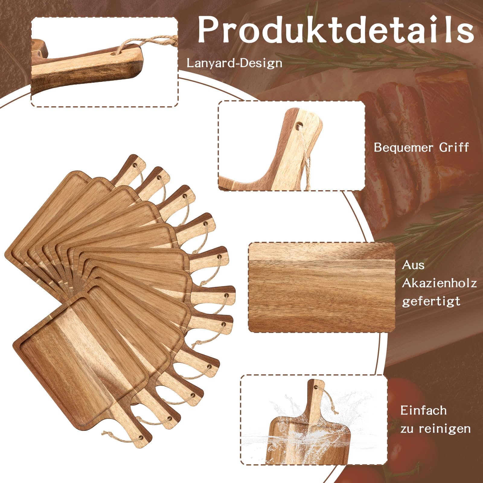 10 Stück Schneidebrett aus Akazienholz Holzbrett Cheese Charcuterie Boards, Küche Schneidbrett Holzschneidebretter Fleisch Servier Brett Hackbretter Käsebrett Holz Schneidebretter 35 x 20 cm