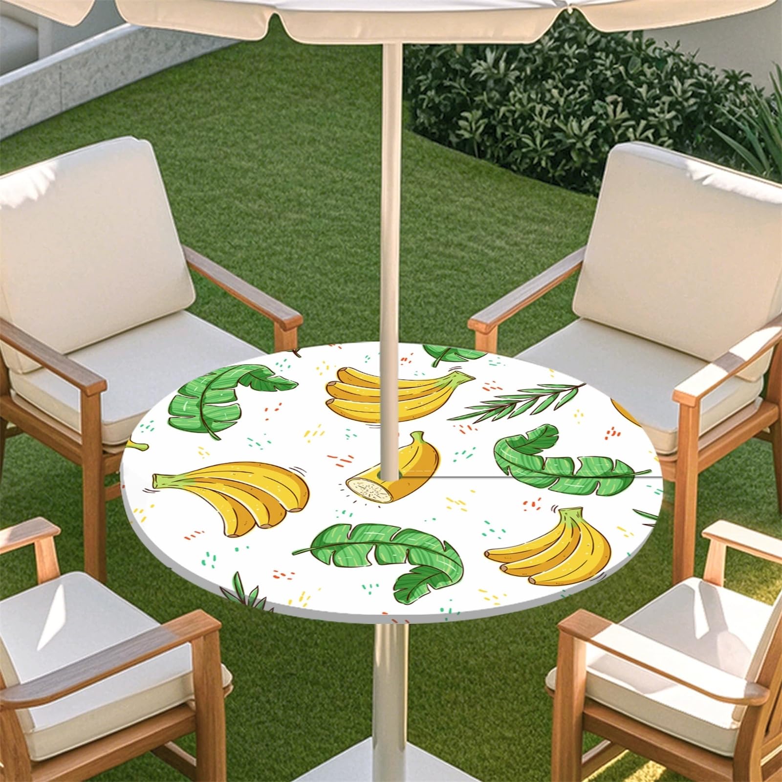 Muiuou Elastic Edge Fitted Round Tablecloth Protector Waterproof Outdoor Circle Tablecloth with Parasol Hole and Zipper, Wipe Clean Table Cover for Garden BBQ Party (Style 14,L(45-54inch))