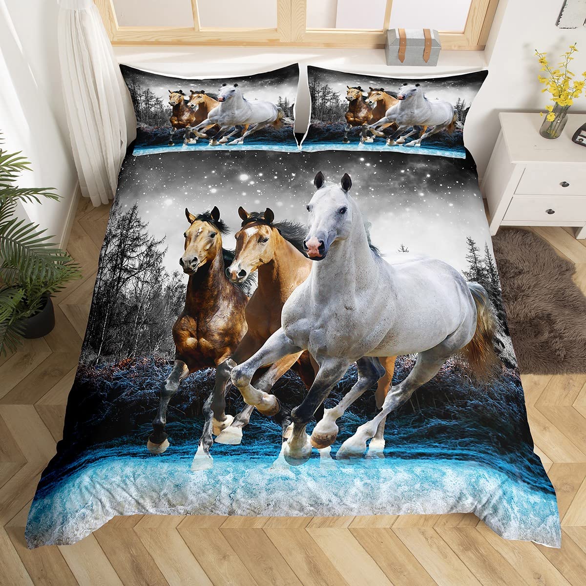 Feelyou Horse Duvet Cover Galloping Horse Bedding Set for Kids Boys Girls Wildlife Comforter Cover Farm Animal Bedspread Cover 1 Duvet Cover with 1 Pillowcase Twin Size (No Comforter)