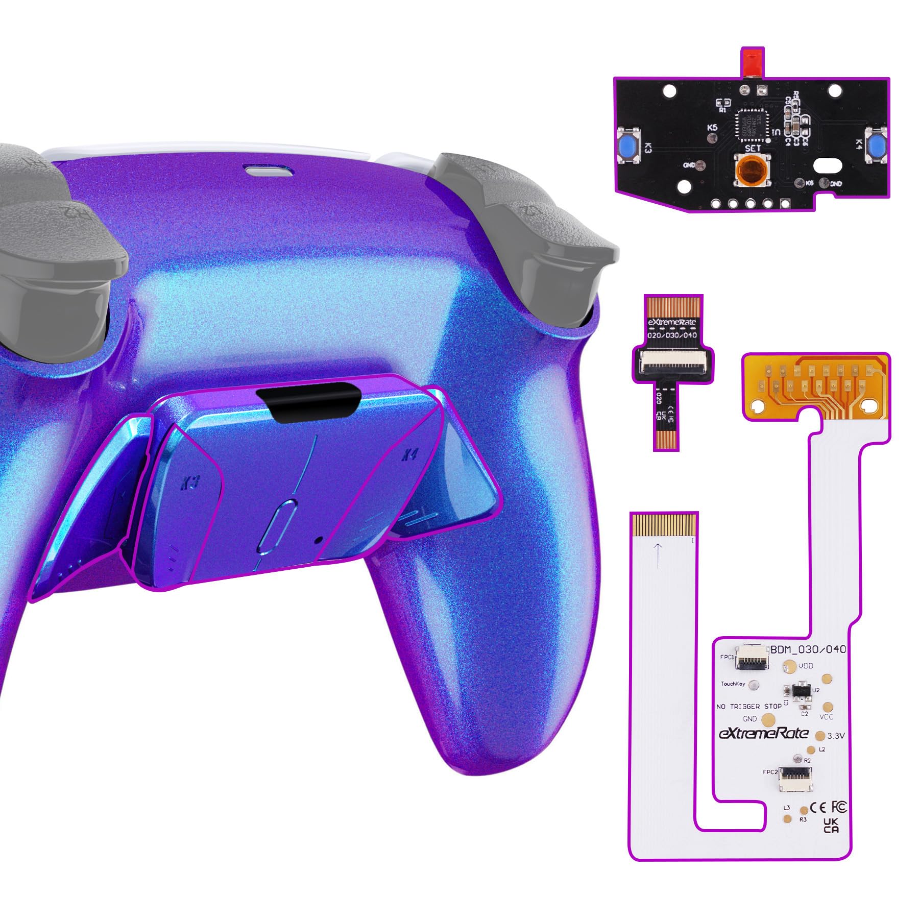 eXtremeRate Back Paddles Programable RISE4 V3 Remap Kit for PS5 Controller BDM-030 040 050 Models, Upgrade Board Chameleon Purple Blue Redesigned Bottom Shell 4 Back Buttons for PS5 Controller