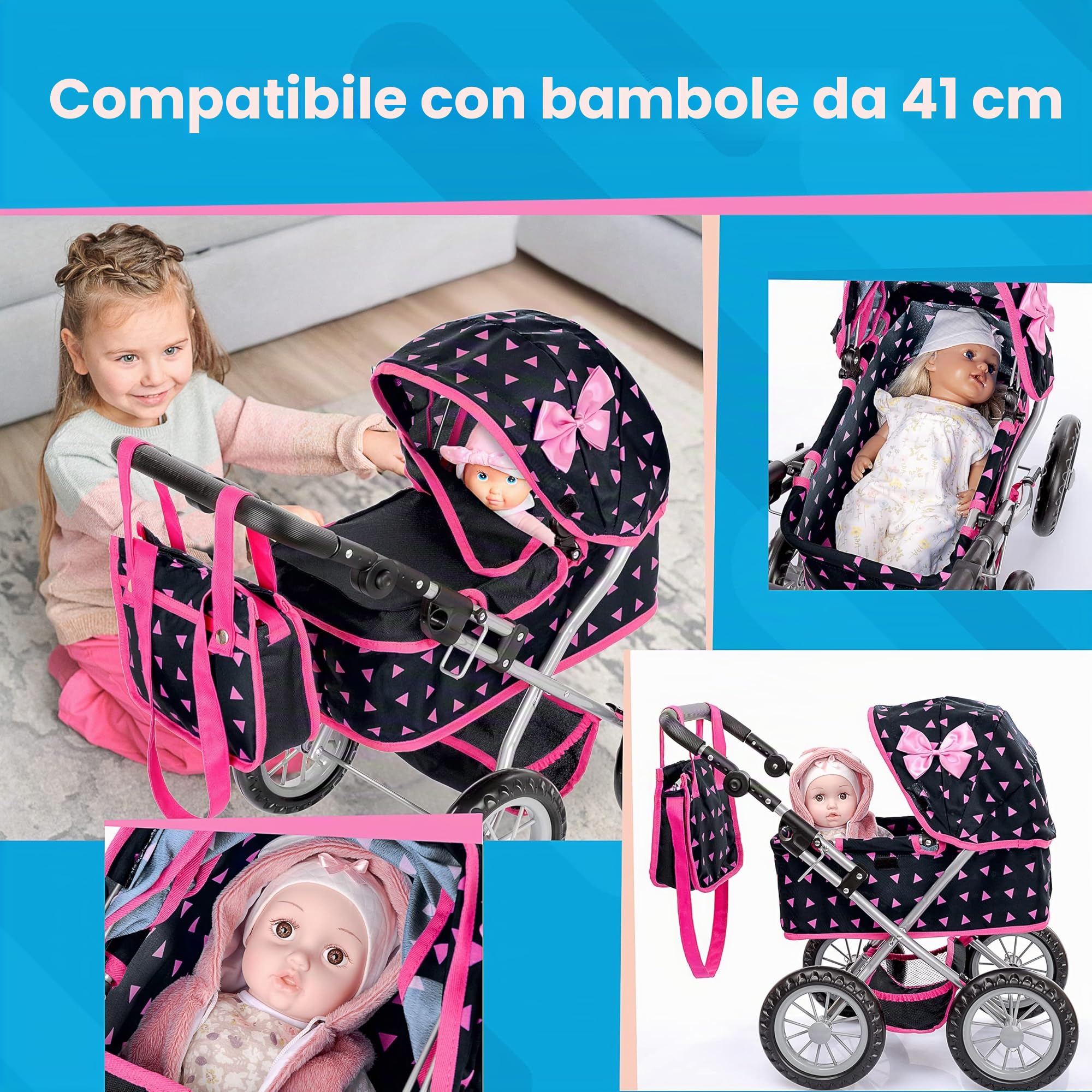 Kinderplay Carrozzina per Bambole con Gondola – Manico Regolabile 33–63 cm – Adatta a Bambole fino a 41 cm – Ruote in Schiuma Silenziose – Passeggino Giocattolo 3+
