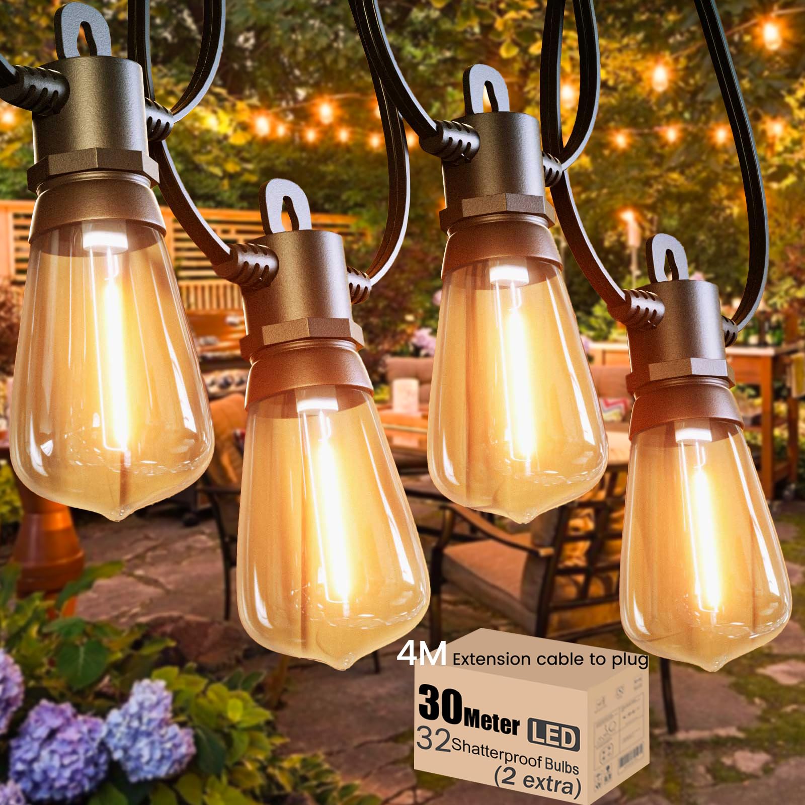 Meidaoduo 2700K St38 Festoon Lights Outdoor 30M/100 Ft Garden String Festoon Lights Ip65 With 32 Led 2700K Bulbs Outdoor String Lights Mains For Indoor Outside Patio Pergola Decor, 4M Extension Cable Built-In
