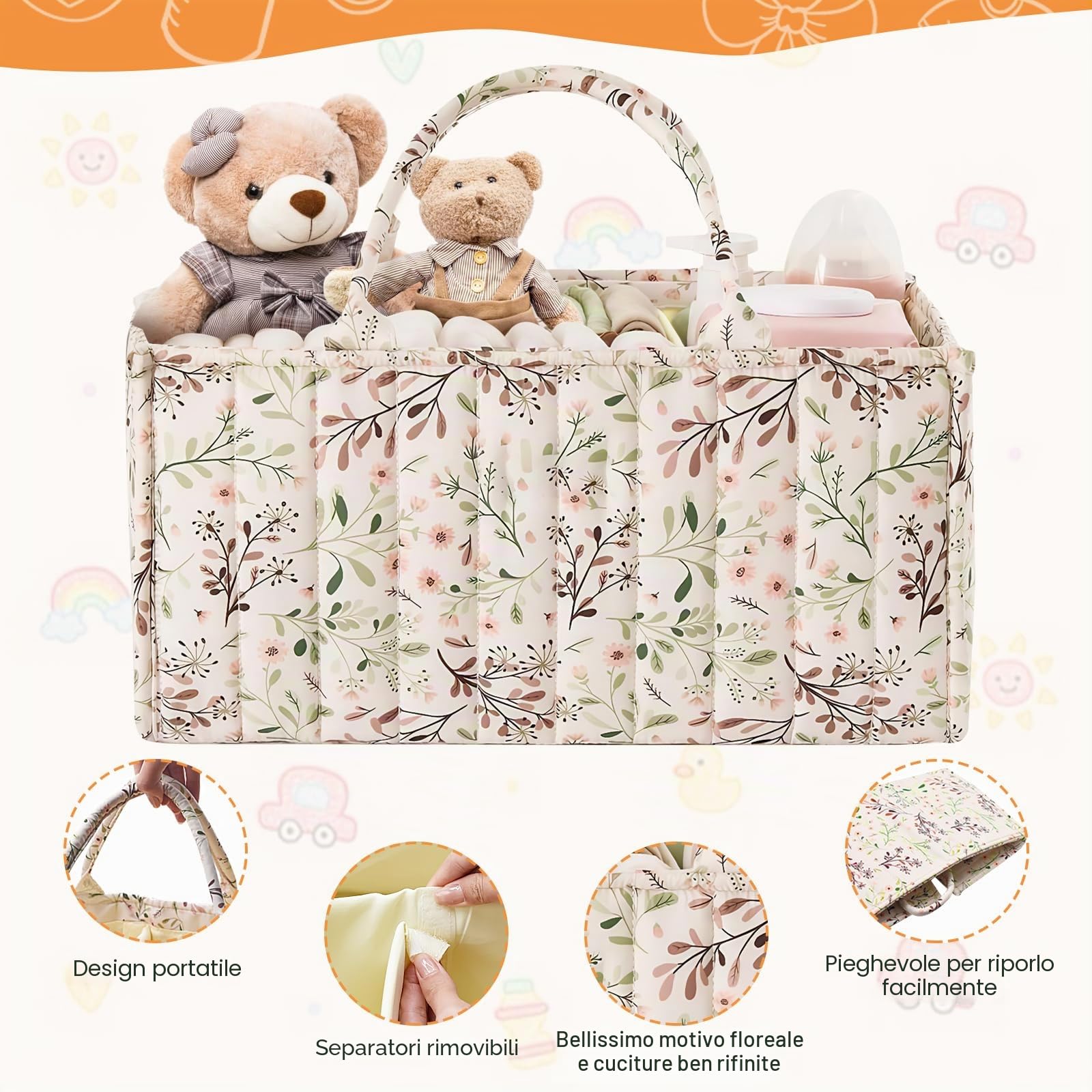 Organizer Pannolini Neonato, Cestino Porta Pannolini con Scomparti Rimovibili, Basket Bambino per Pannolinie salviette, Borsa Cambio Neonato, Cesta Porta Oggetti per Prodotti del Neonati