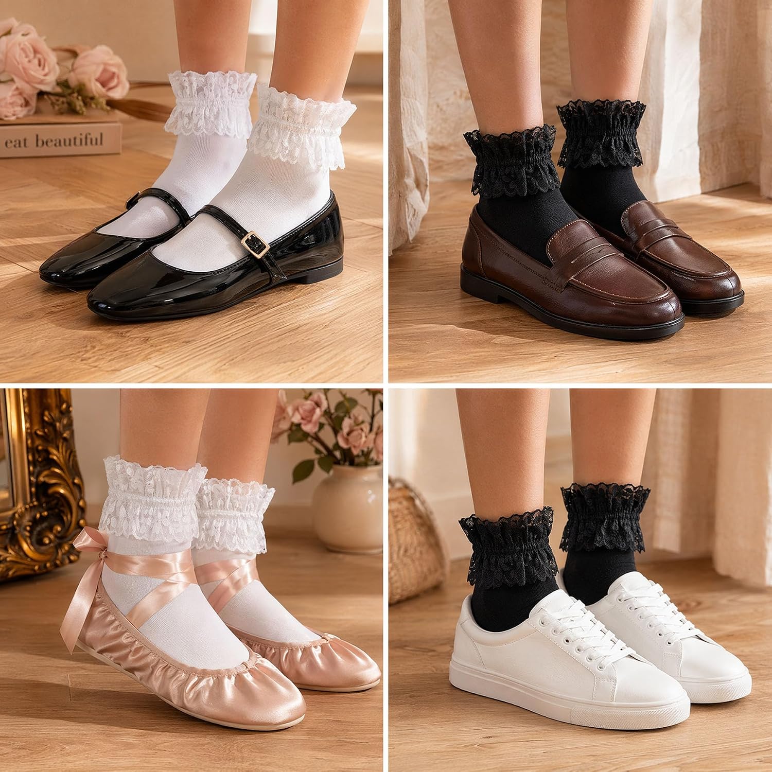 Women's Lace Ruffle Socks, White, Black, Cream Lace Socks with Ruffles Trim image 4