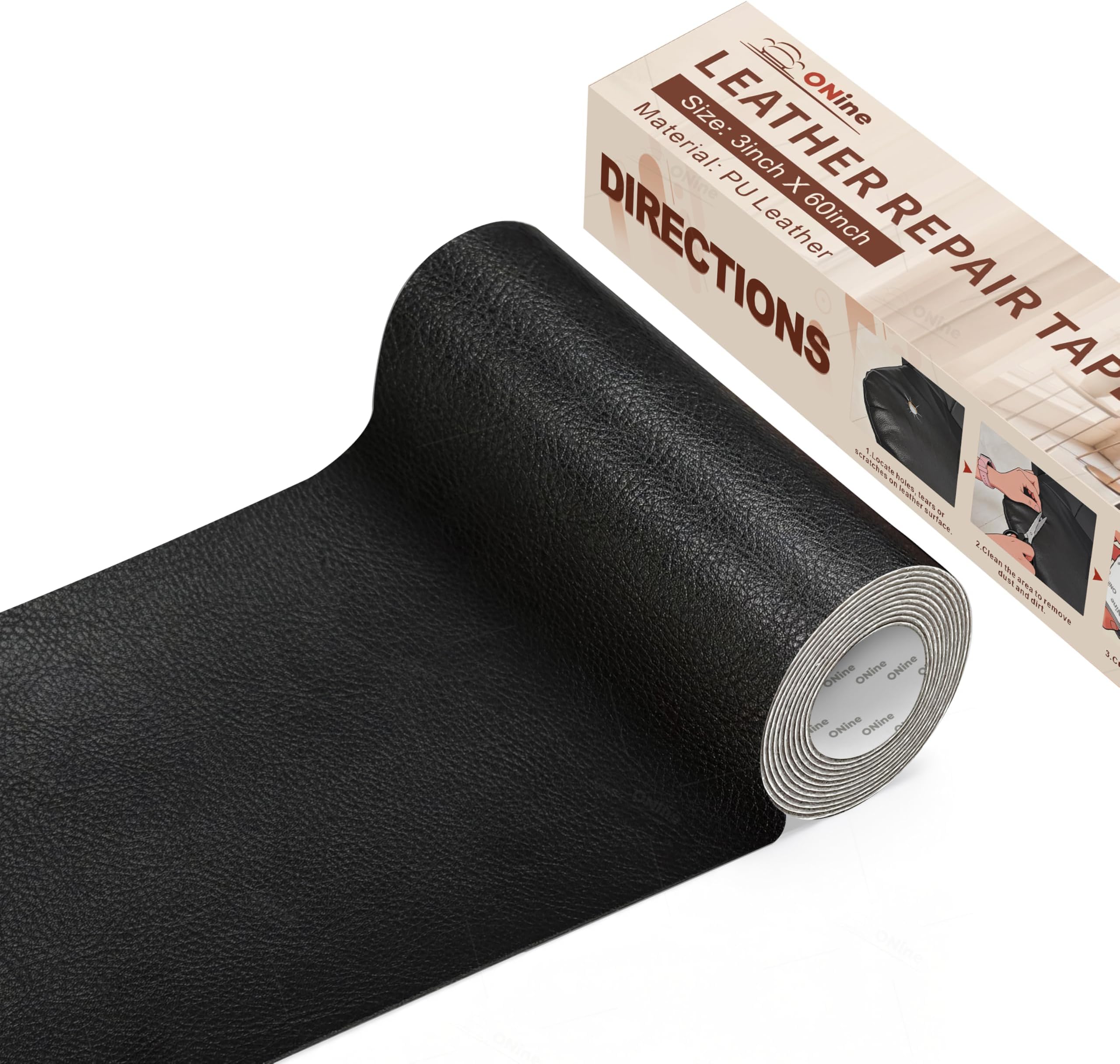 ONine (Black) - Leather Tape 7.6cm X 150cm Self-Adhesive Genuine Leather Repair Patch for Sofas, Couch, Furniture, Drivers Seat(Black)
