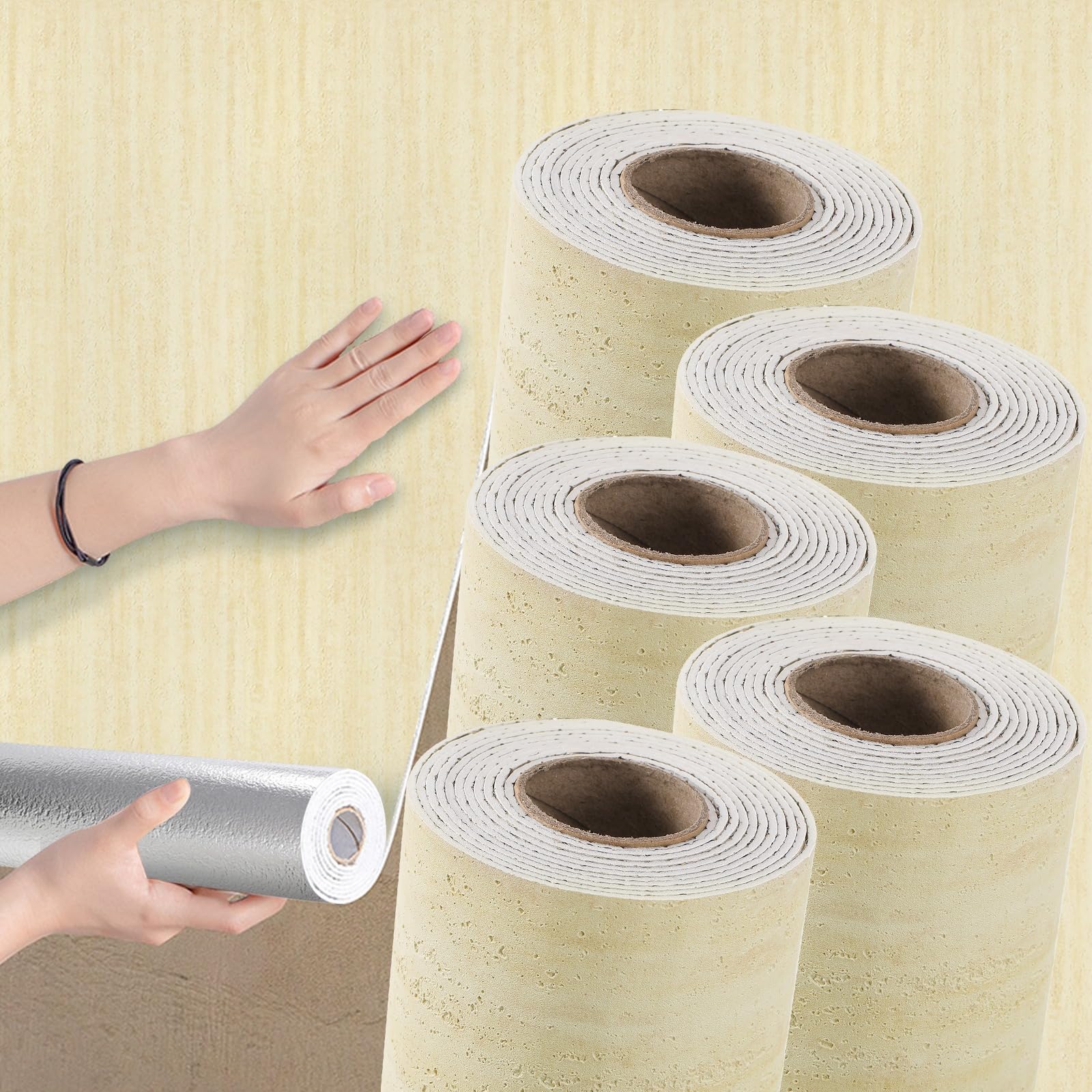 Takezuaa 5 Roll Self Adhesive Thermal Wallpaper 2.5mm Thick Beige Travertine Cement Textured Peel and Stick Wallpaper for Bedroom Livingroom Waterproof Damp Proof for Bad Cold Walls 40 x 300cm