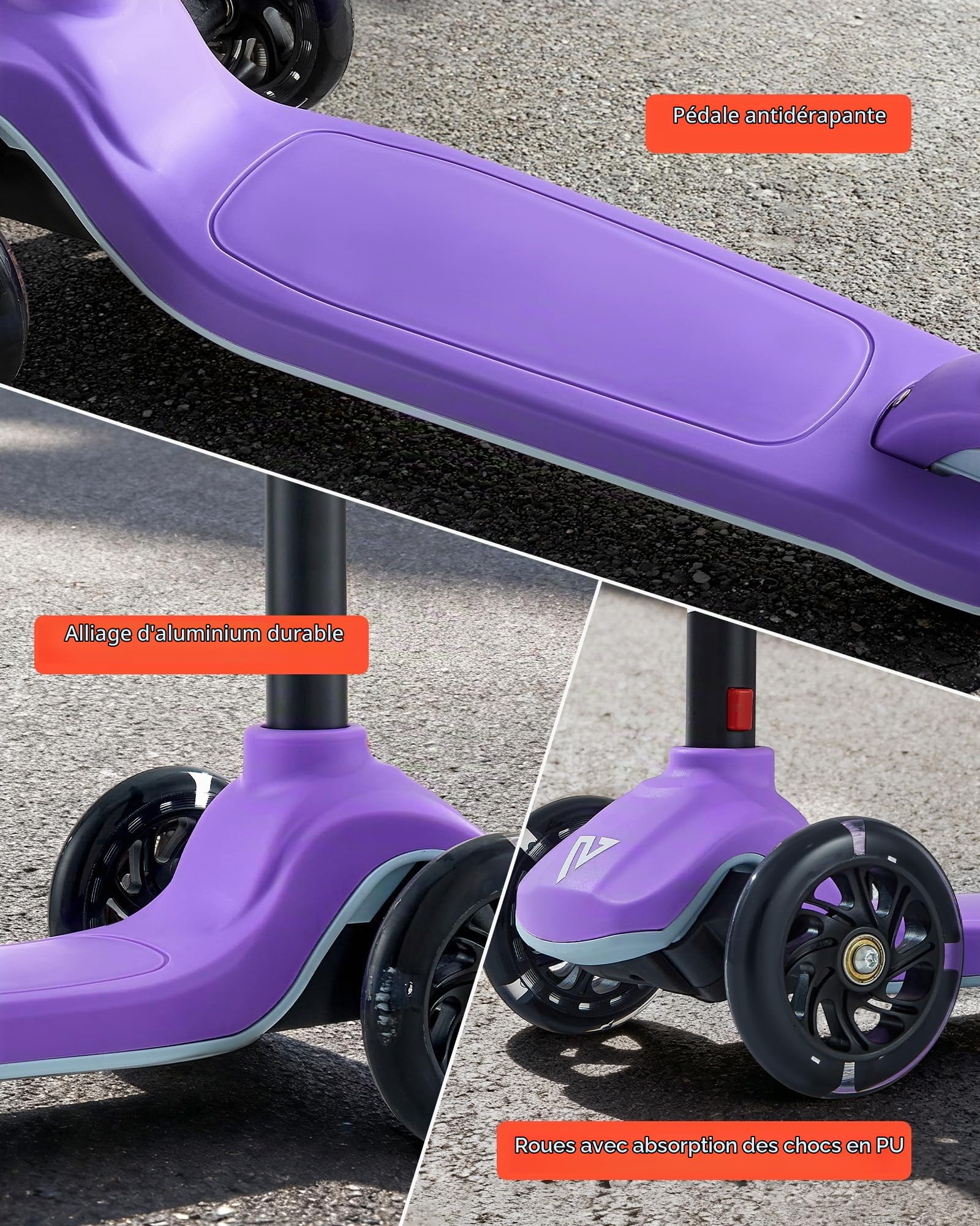 VEVOR Trottinette enfants 3 ans et plus, patinette à 3 roues avec roues lumineuses, guidon réglable en hauteur, large plateau antidérapant, cadre aluminium léger pour garçons et filles à 74 kg, violet