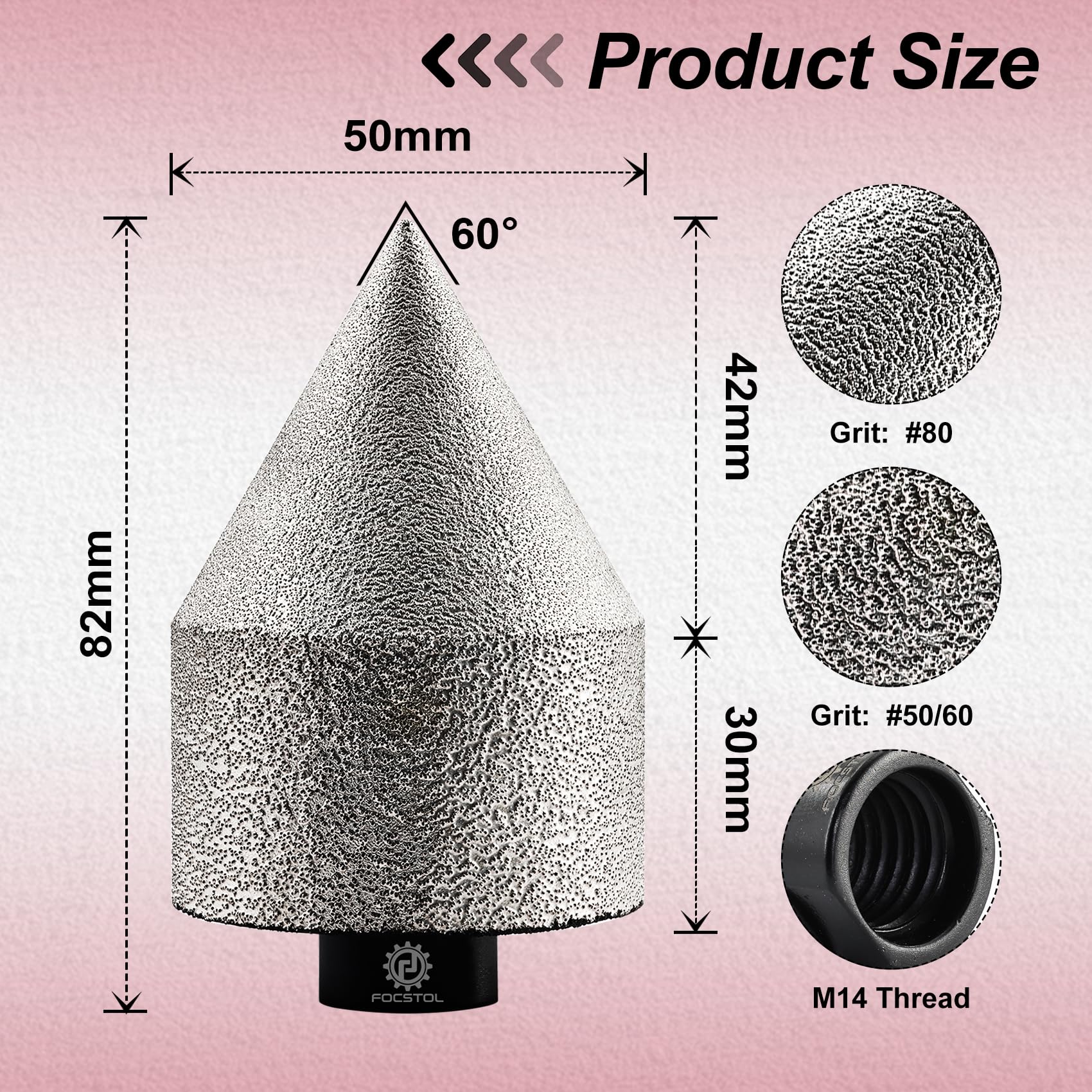 Brocas Chaflán Biselado Diamante 50mm - FOCSTOL Broca Fresado Diamante para Porcelánico Cerámica Mármol Granito M14 Rosca