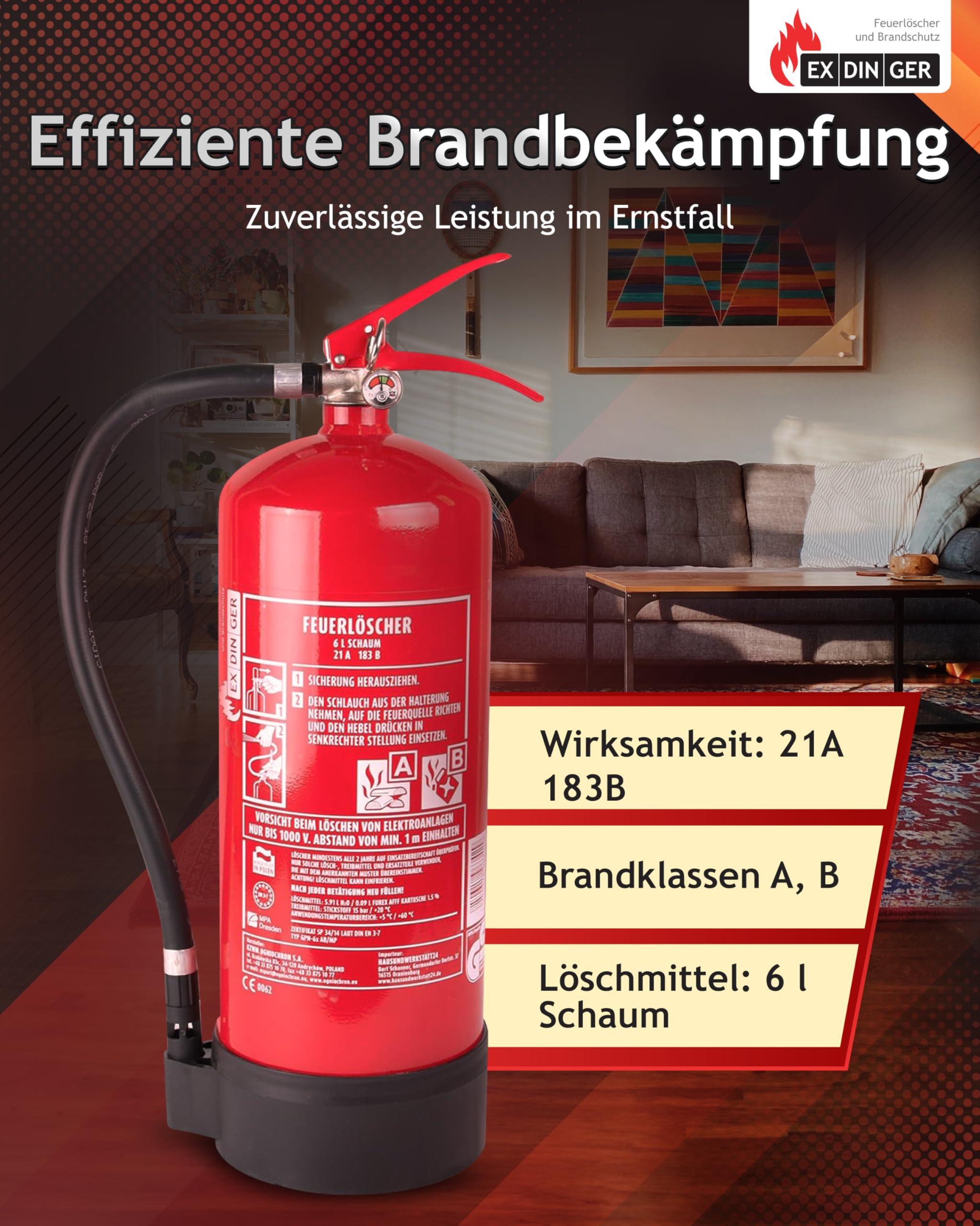 HausundWerkstatt24 6l Feuerlöscher Schaum blau 6L AB 6LE mit Halterung Dauerdrucklöscher (GPN-6X Instandhaltungsnachweis