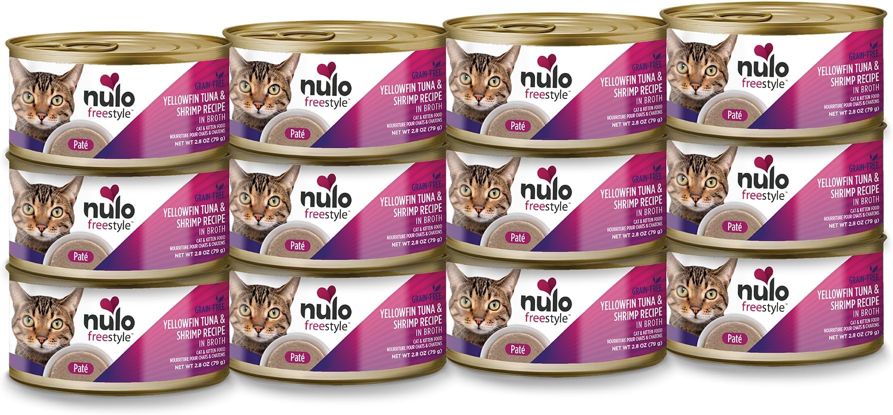 Wet Cat Food Pate - Yellowfin Tuna & Shrimp, High Protein, Grain-Free, Canned Cat Food, Hydration, Heart, Skin and Coat Support for Indoor & Outdoor Kittens, Adults & Seniors, 2.8oz Cans, 12 Pack
