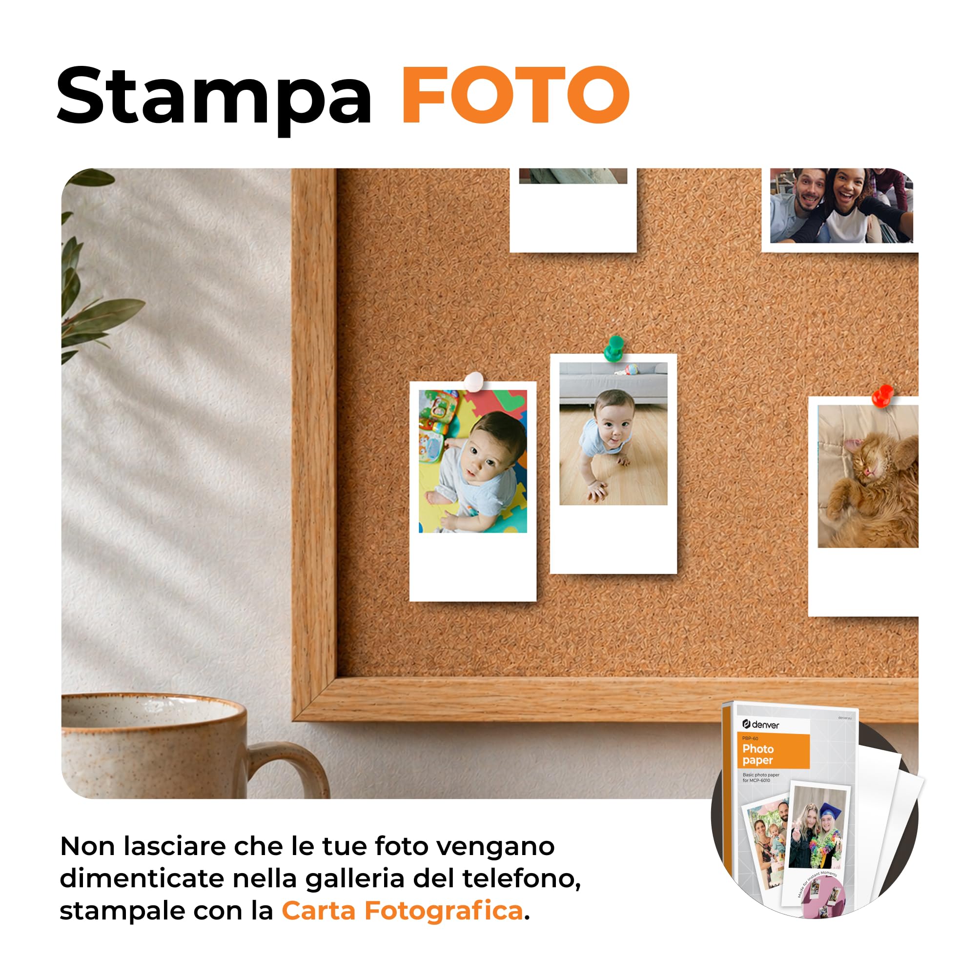 Denver MCP-6010 Mini stampante fotografica per smartphone, stampante portatile a colori con Bluetooth 5.2, 600 DPI, iOS e Android, stampante fotografica portatile con batteria, cartuccia e set di 20