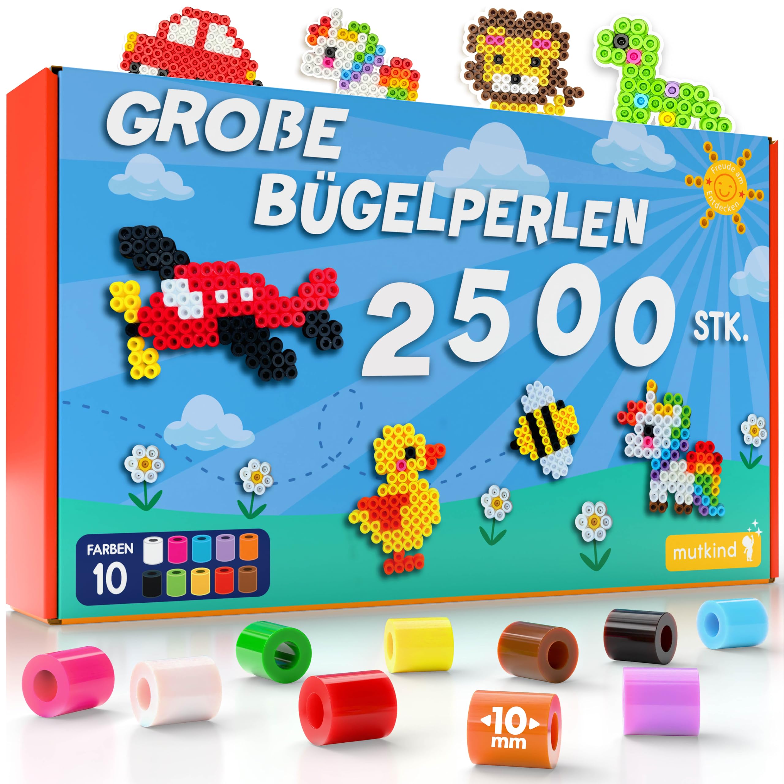 MUTKIND® 2500x Bügelperlen Groß 10mm [10 Tolle Farben] - Für Kinder ab 3 Jahren - Extra Leicht zu Greifen - XL Große Bügelperlen Maxi Steckperlen Set - Inkl. 50 kreativen Vorlagen zum Download
