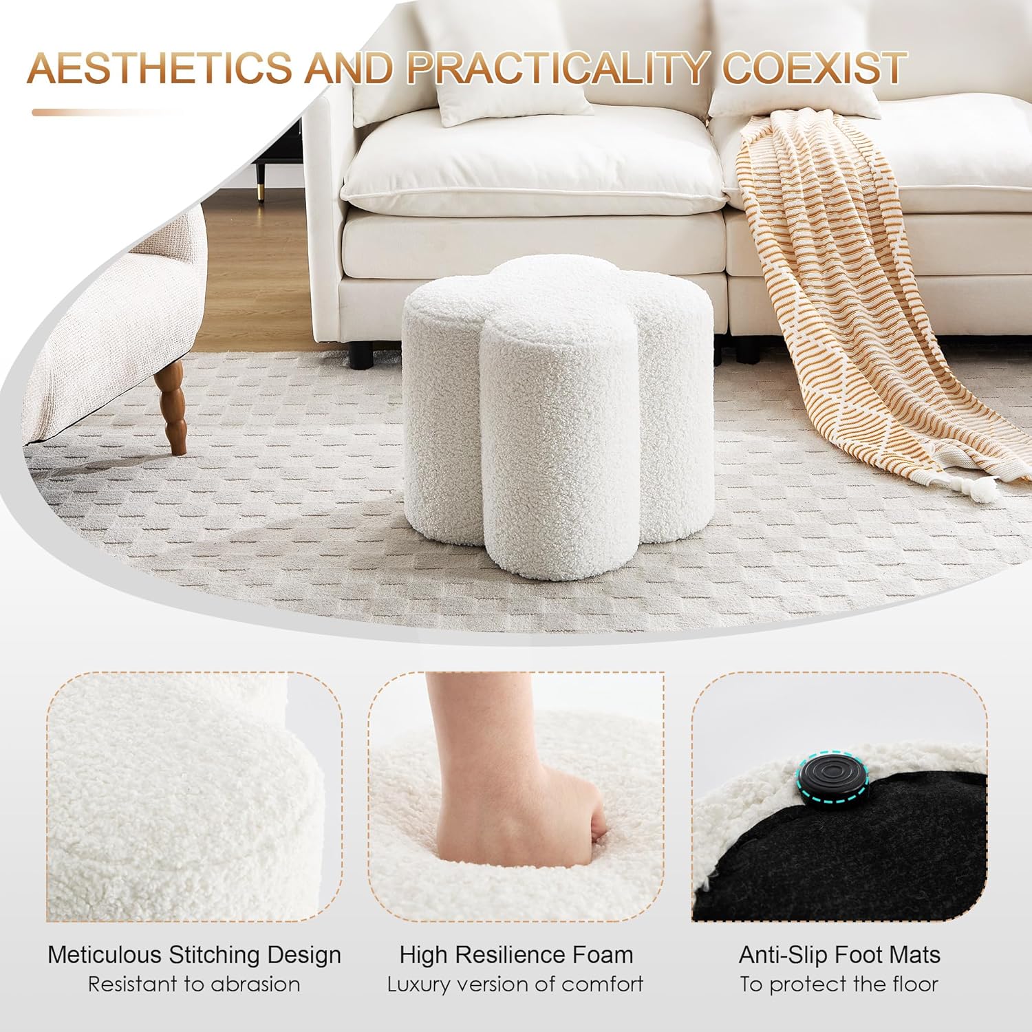 Zesthouse Flower Pouf Ottoman Foot Rest, Sherpa Fabric Poofy Ottoman Footstool for Couch, Modern Living Room Stool Seat, Cute Square Vanity Stool for Bedroom Dorm, White