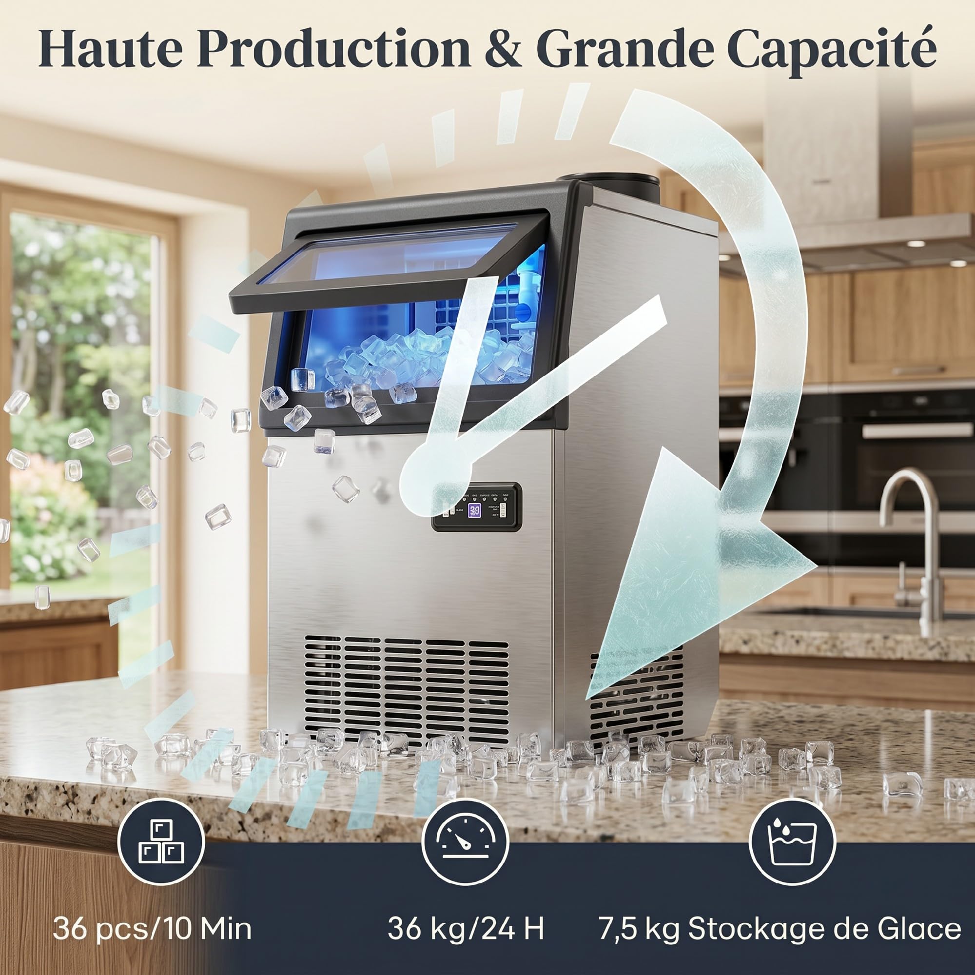 HOMCOM Machine à Glaçons Commerciale 36 kg/24H, Ice Maker Professionnel en inox, 36 Cubes toutes les 10 Minutes, Fonction Nettoyage Automatique, Minuterie, Encastrable ou Pose Libre, Argenté