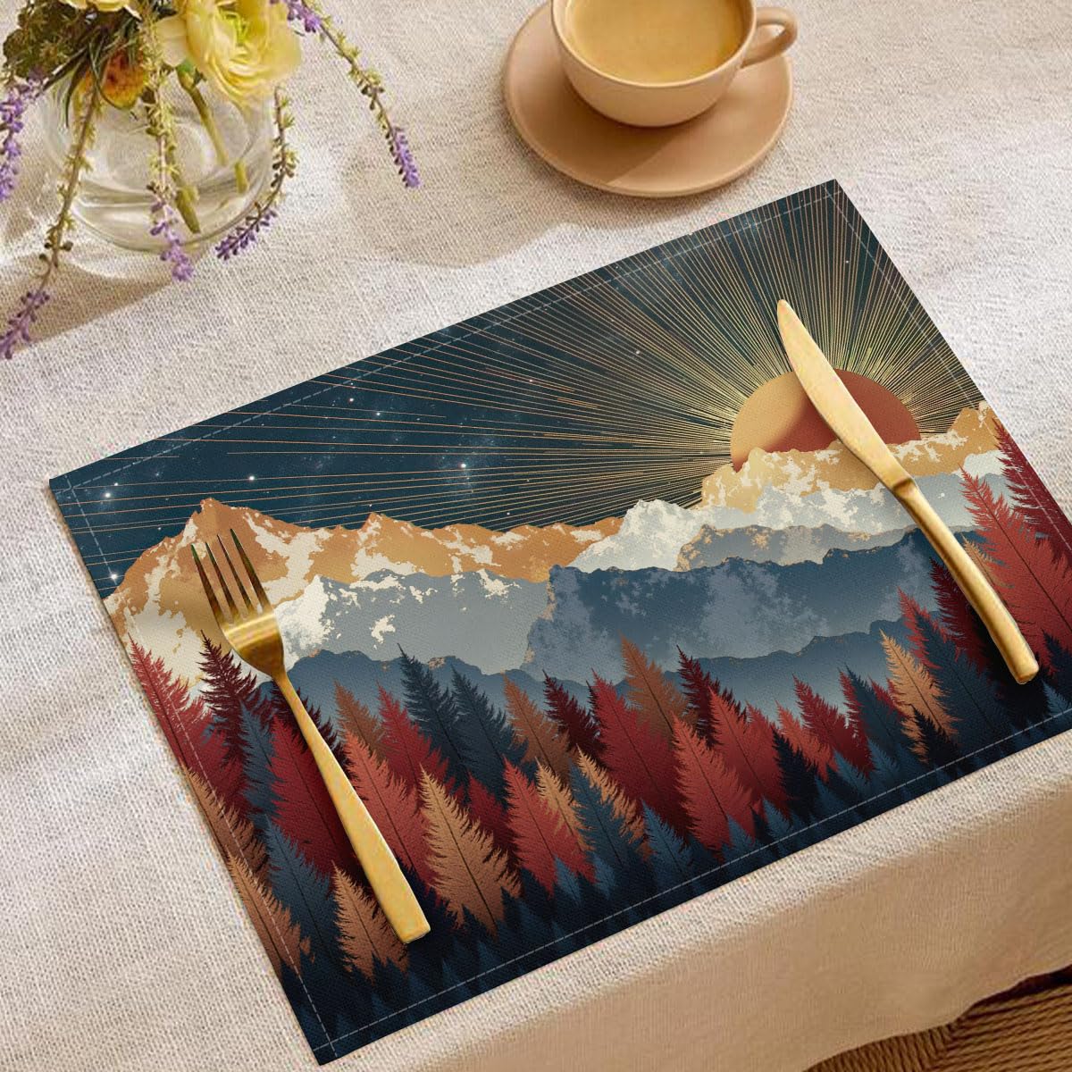 Set de table lavable pour protéger des taches avec style paysage de montagne en lin