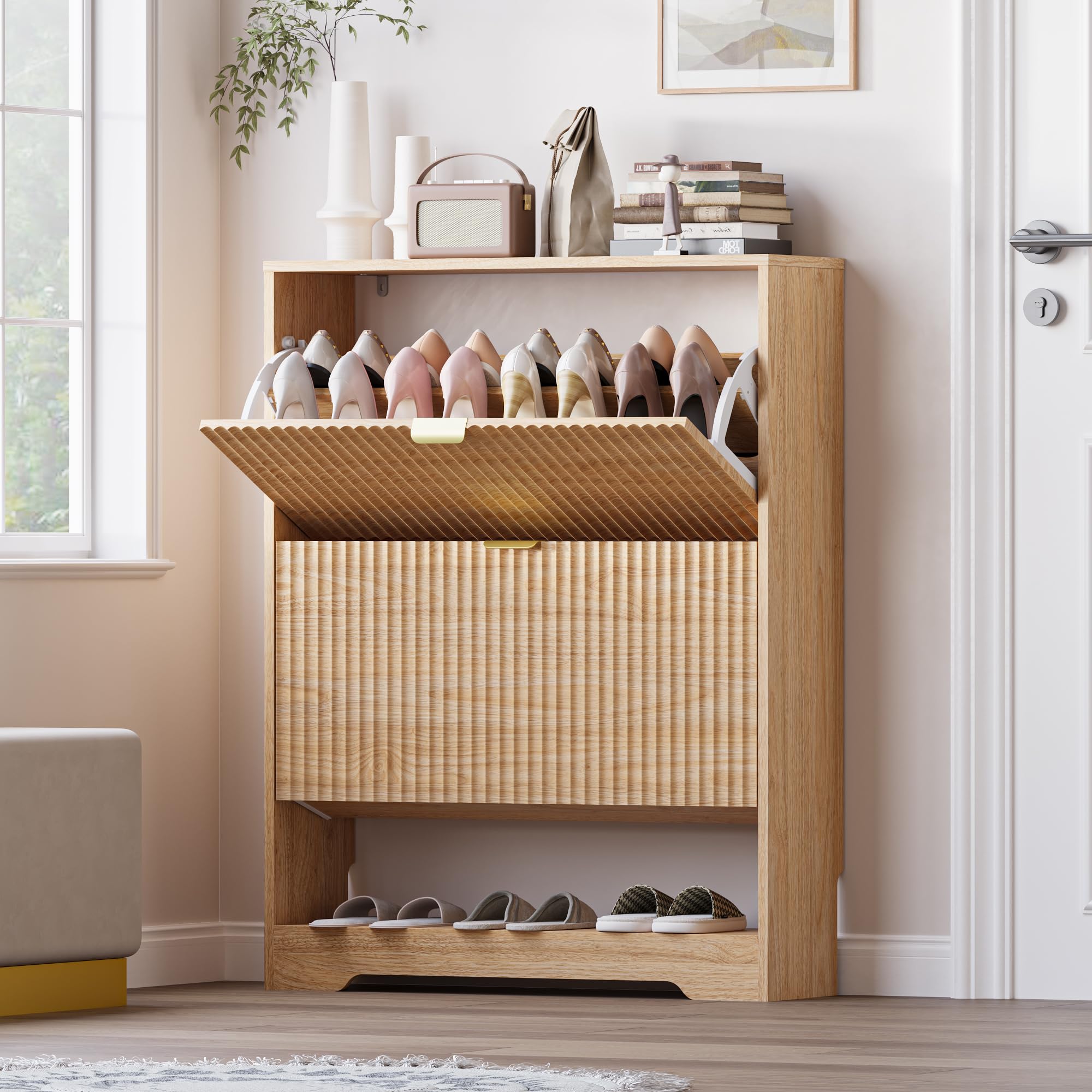 BORNOON Shoe Cabinet with 2 Flip Drawers, Fluted Shoe Storage Cabinet with Adjustable Shelves, Freestanding Rack and Organizer for Entryway, Closet, Hallway