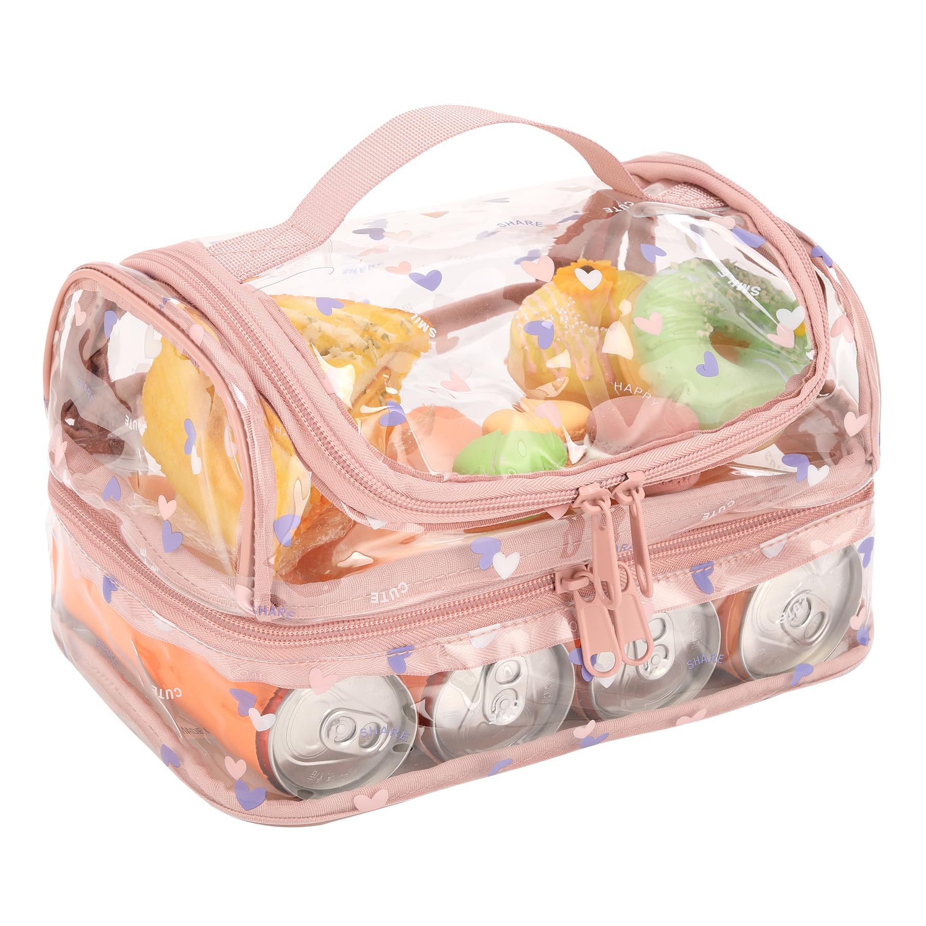 BORMELUN Kid's Clear Lunch Bag Pink with Zipper Closure,Double, Waterproof Lunchbox