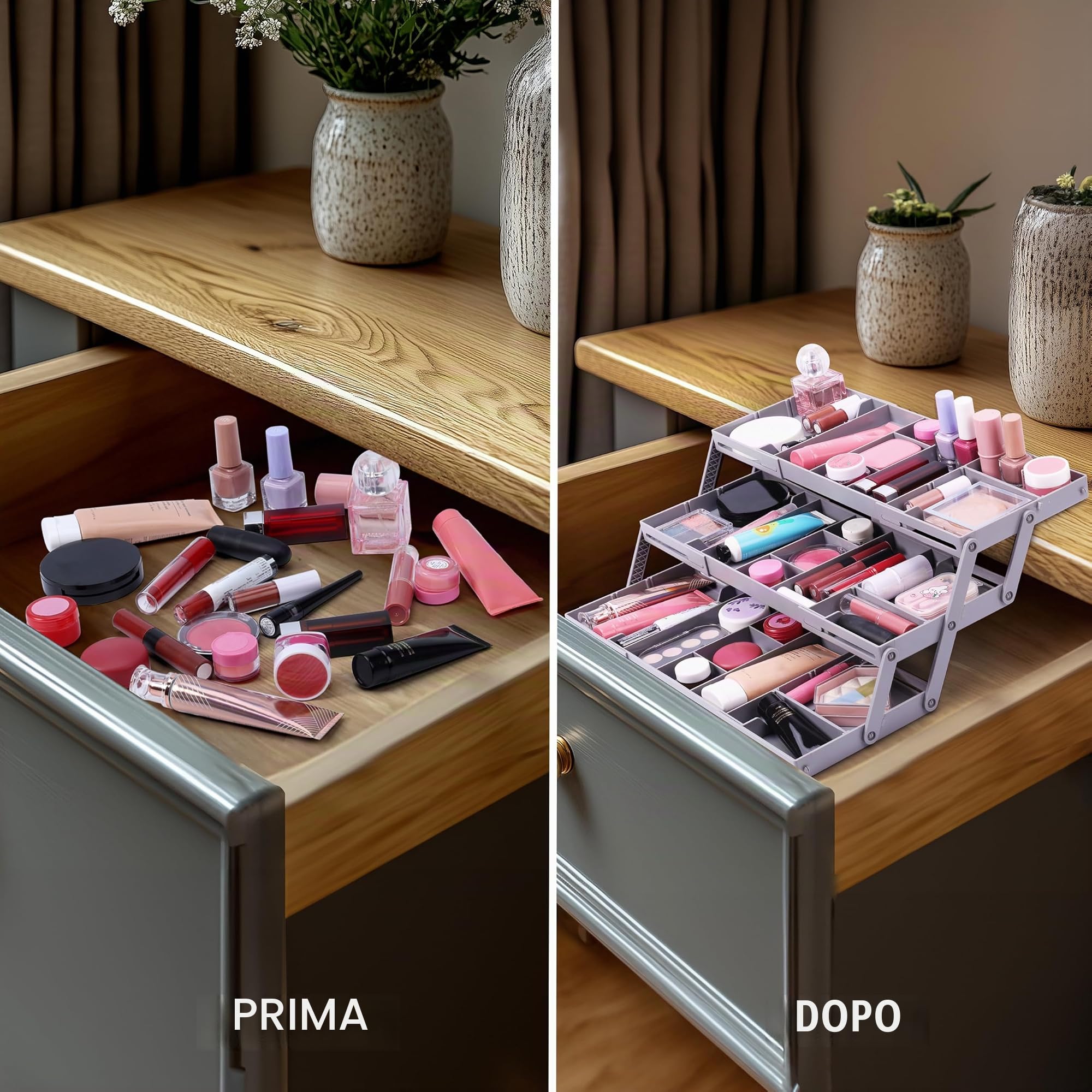 Belle Vous Organizer per Cassetti - Divisorio Plastica con 3 Ripiani - Organizzatore Ripiegabile per Trucchi e Gadget - Porta Oggetti a Scomparti da Casa e Ufficio