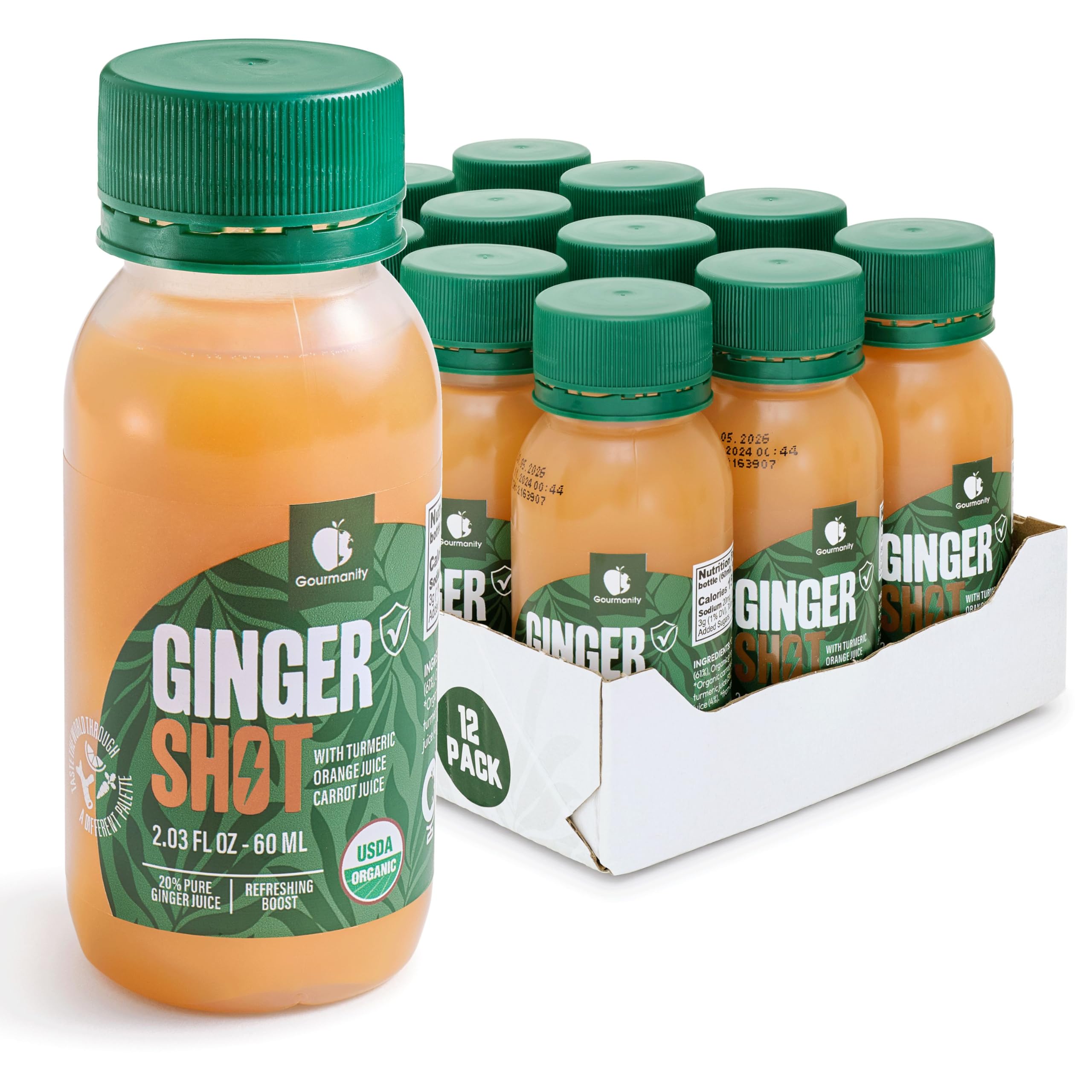 Gourmanity Organic Peruvian Ginger Shots with Turmeric, 12 x 2.03oz/60ml