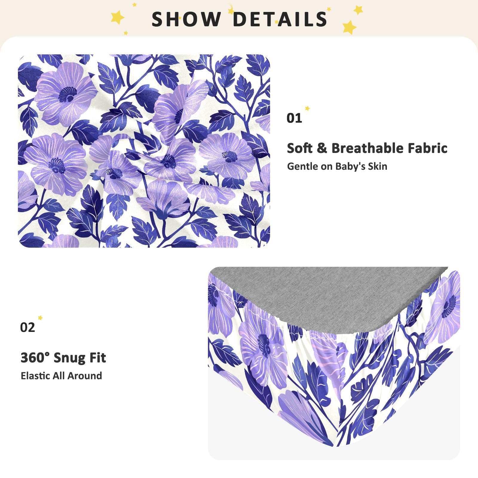 Sábanas de algodón para cuna de bebé, estilo chow chow chow, estampado floral, color morado, colchones para guardería, 1 paquete de forros para cunas de ni?o, 52 x 28 pulgadas