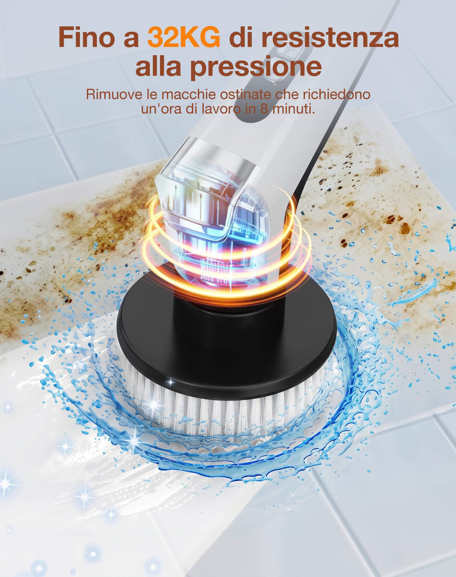 Spazzola Rotante Pulizia Casa con 9 Testine, Manico Estensibile, 3 Velocità, con Illuminazione LED, Batteria da 3000 mAh, Impermeabile IPX8, Spazzola Rotante per Pulizia per Bagno, Cucina, Pavimenti