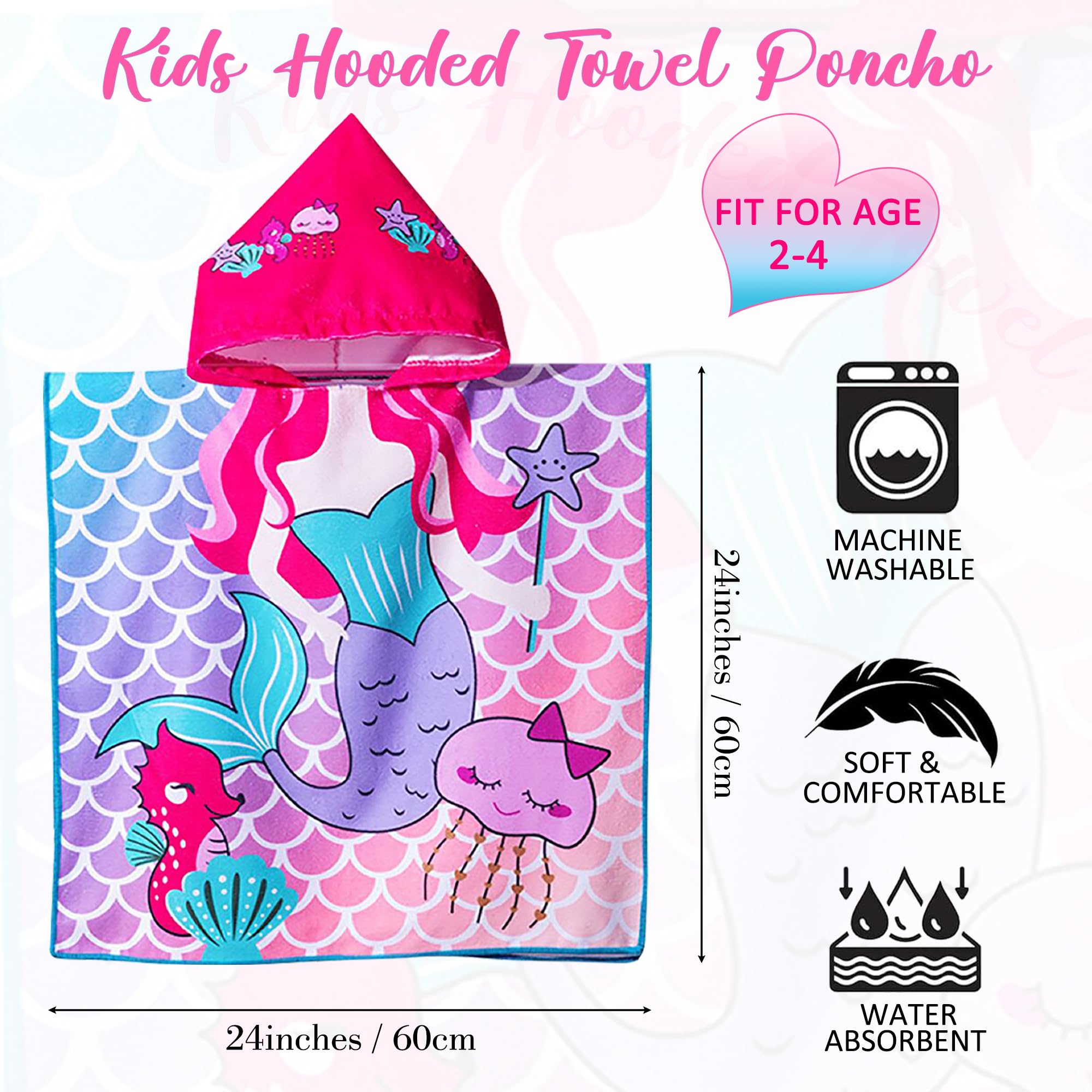 Toalla de playa con capucha para niñas de 2 a 4 años, toalla de baño con capucha, toalla de piscina de microfibra absorbente, toalla de poncho de 24 x 24 pulgadas