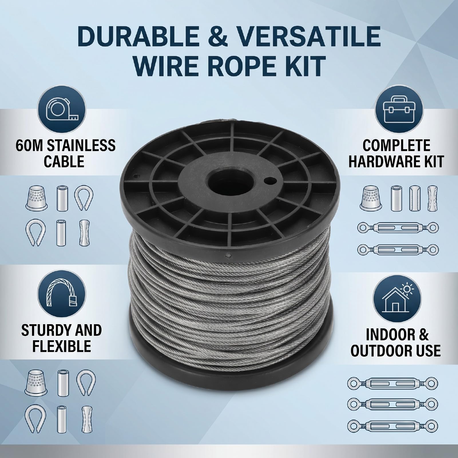 Kit di Attrezzi per Crimpare Fune, Golfari per Cavi in ​​acciaio Inossidabile da 196,9 Piedi 2 Mm, Manicotti e Ditali, Fune Resistente per Appendere Ringhiere Recinzioni