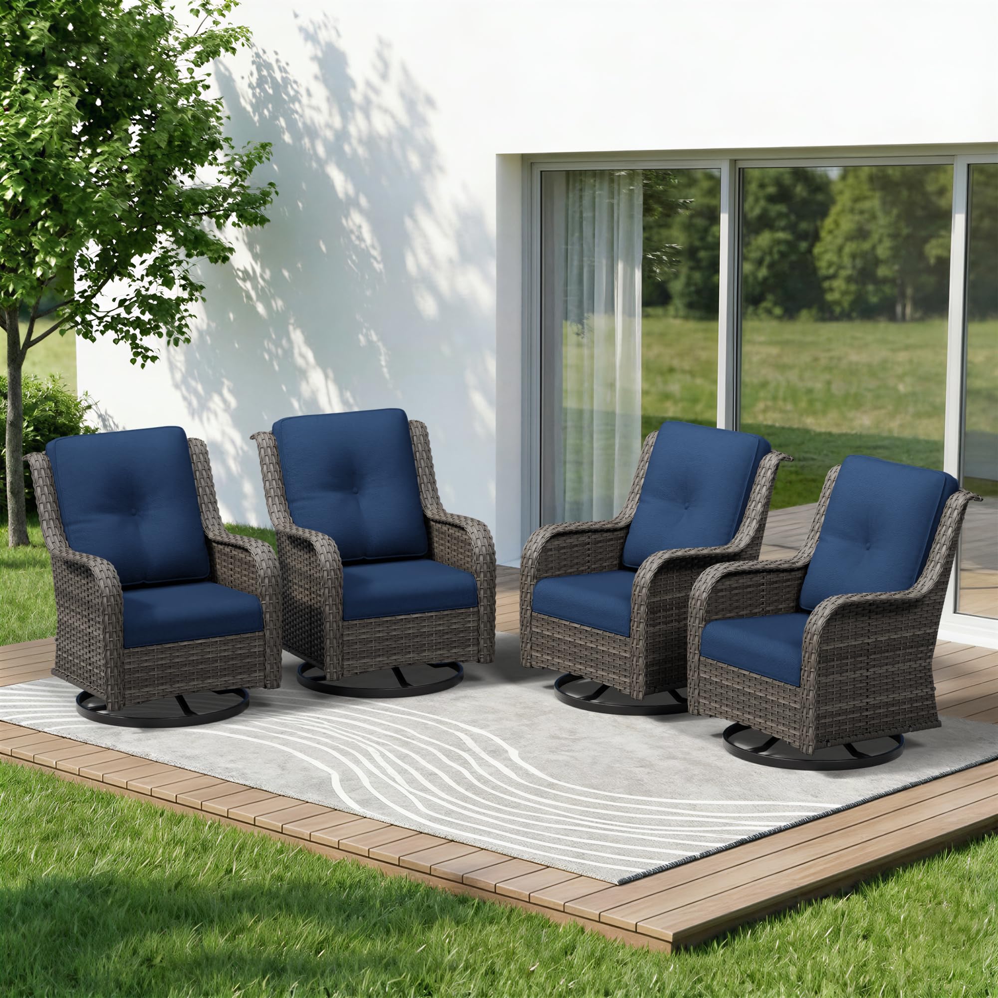 4 Piece Outdoor Swivel Rocker Patio Chairs Set, Patio Chairs Set of 4 with Thickened Olefin Cushions, High Back and Deep Seating, Hand-Woven PE Rattan for Porch, Deck, Blue