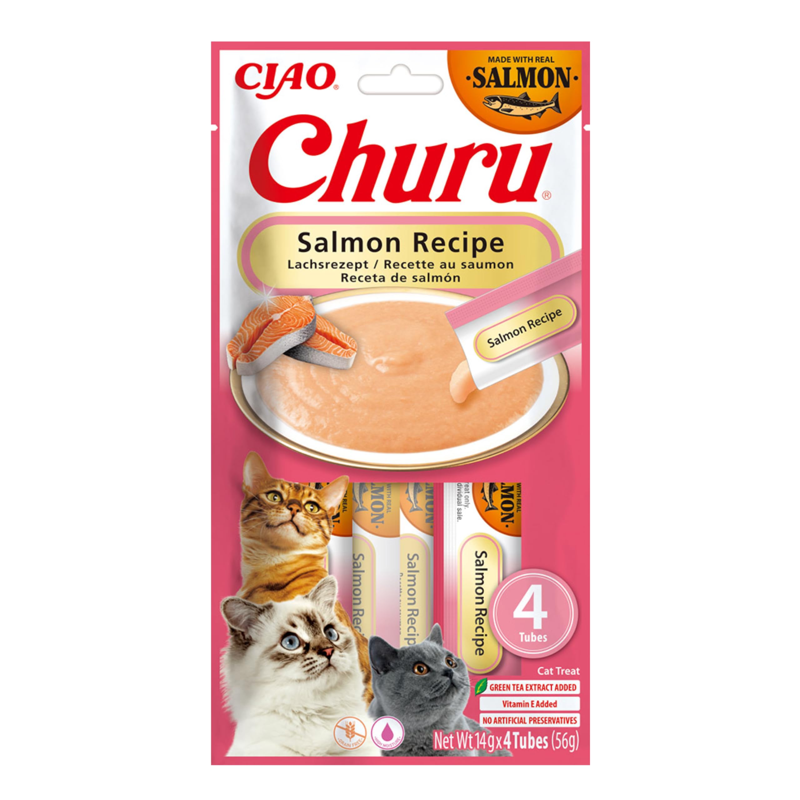 INABA Churu Treats Cat Treats 30% łososia, bogaty w kwasy omega 3, witaminę E, kolagen, tylko 12 kcal na tubkę | zdrowe przysmaki dla kotów z Japonii, 56 g (1 opakowanie)