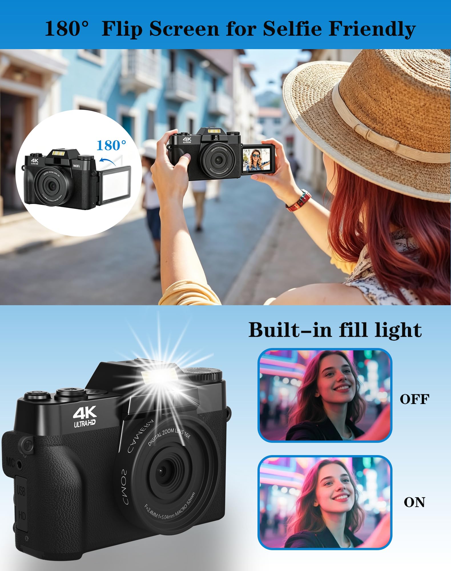 Cámara digital 4K, cámara de vlogging WiFi de 75 MP con pantalla abatible de 180°, enfoque automático, zoom de 18X, tarjeta de 32 GB, 2 baterías, cámaras digitales compactas de apuntar y disparar para