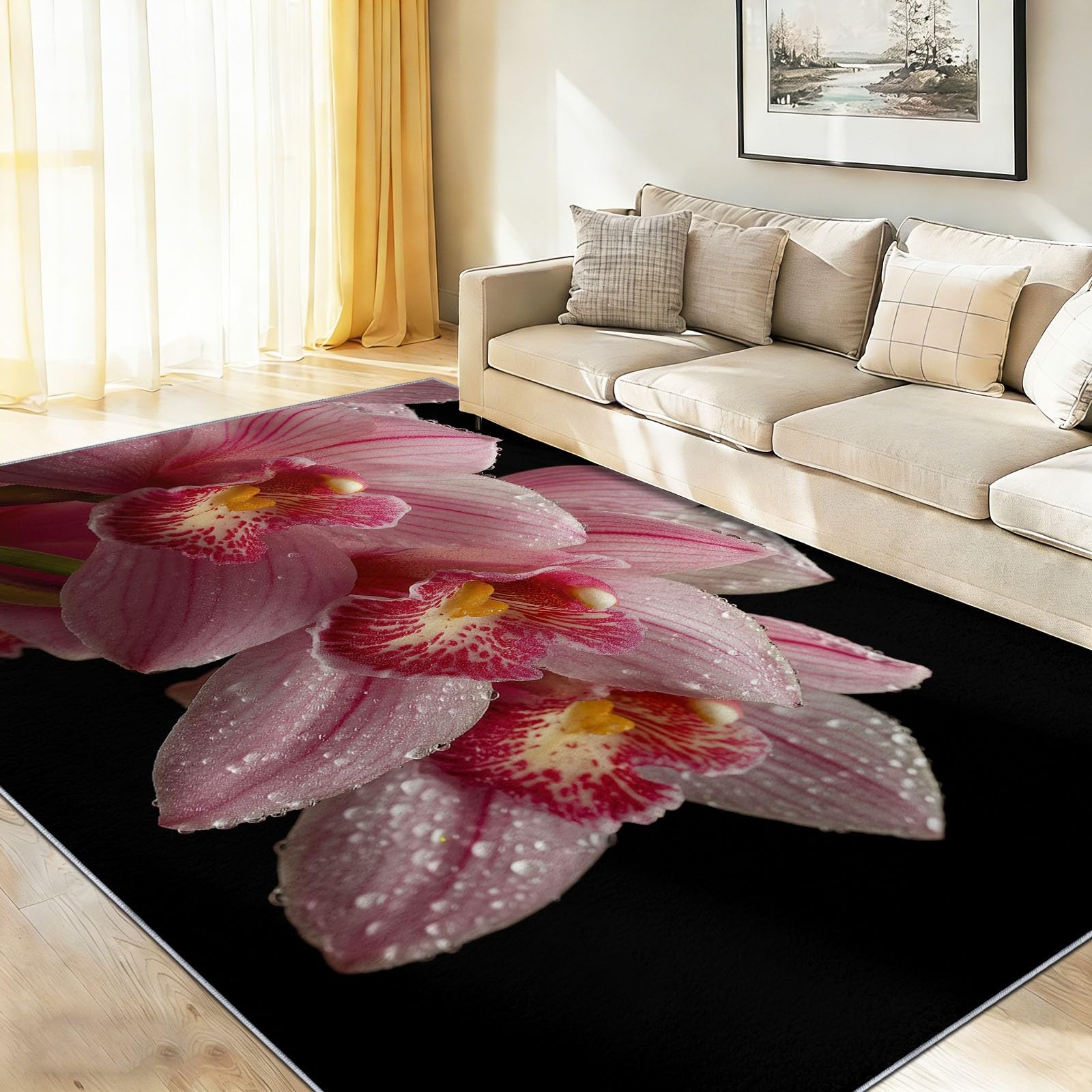 Dywan do salonu w kwiaty z krótkim włosiem - nowoczesne różowe orchidee - różowo-czerwony - 120 x 180 cm - antypoślizgowy nadaje się do odkurzacza, można prać w pralce, do sypialni