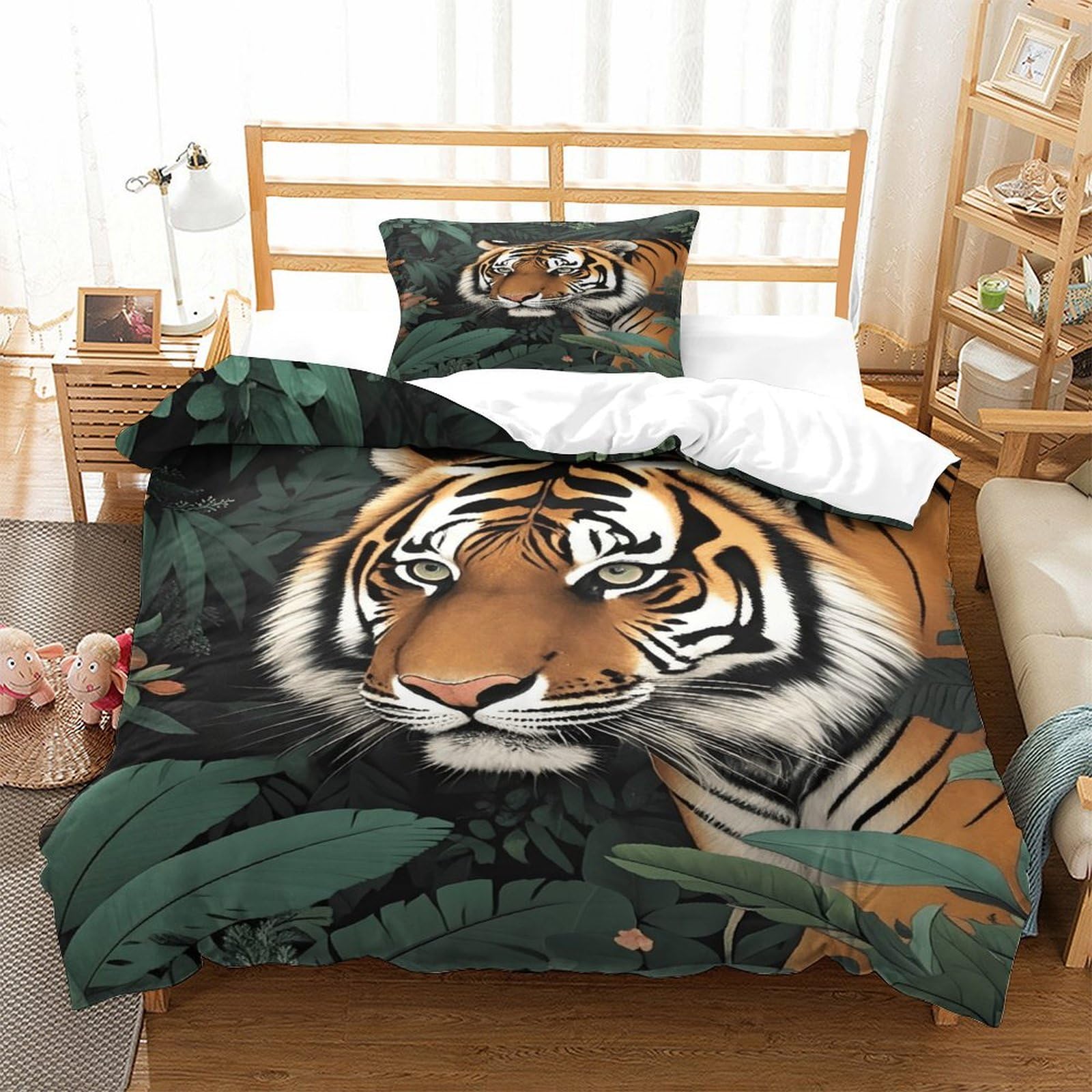 EMYXPAQM Duvet Cover Set Tiger Green Foliage 3D Printed Bedding Ultra Soft Microfiber with Zipper, Hidden Pillowcase for Teenage Boys Single（135x200cm）